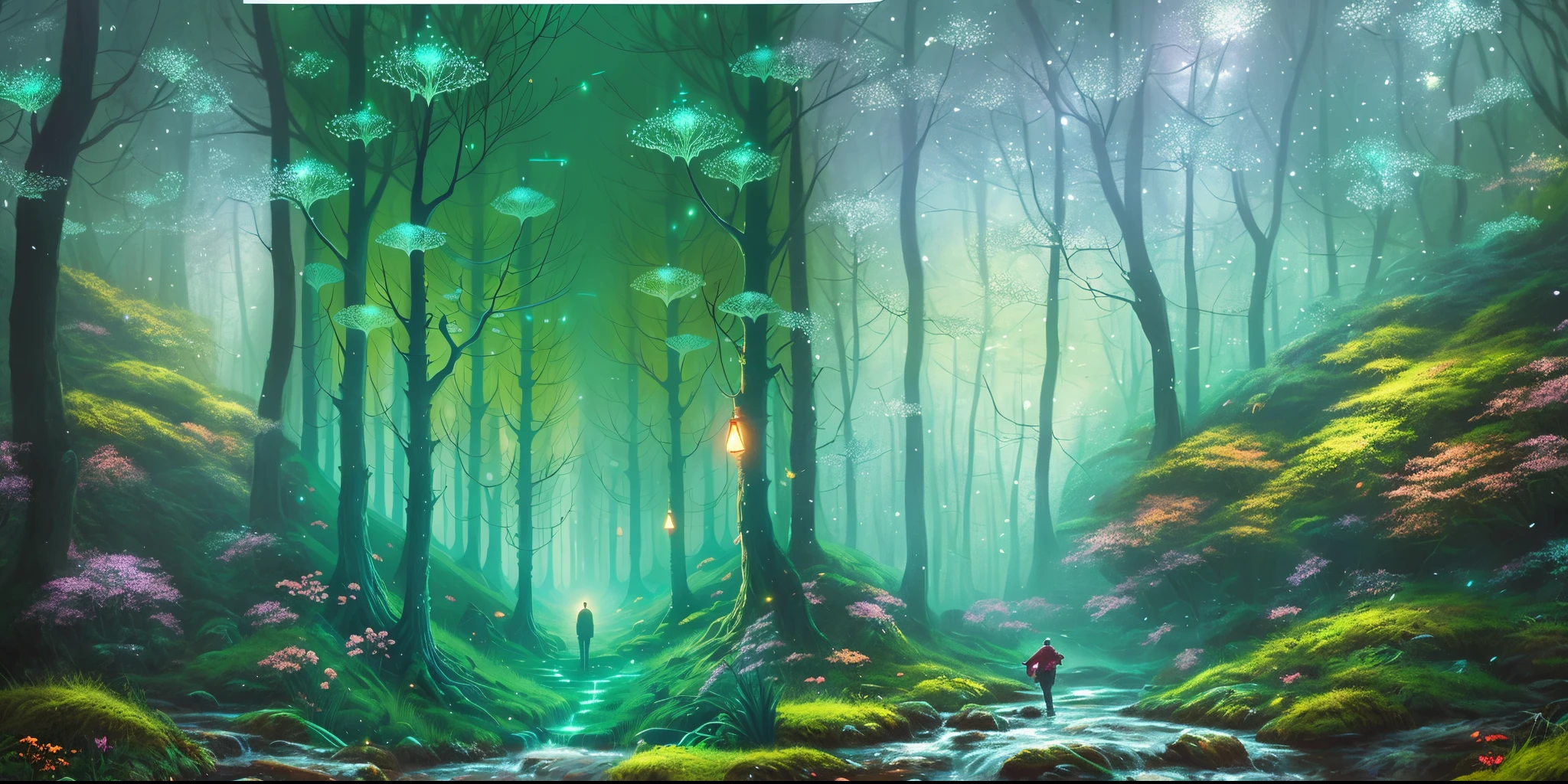 painting of a man walking through a forest with a stream, background artwork, magical fantasy forest, fantasy forest, anime lush john 8k woods, fantasy forest landscape, magical forest in the background, a fantasy forest, magical forest backround, lost in a dreamy fairy landscape, lothlorien, magical forest, concept art wallpaper 4k, magical forest with fireflies