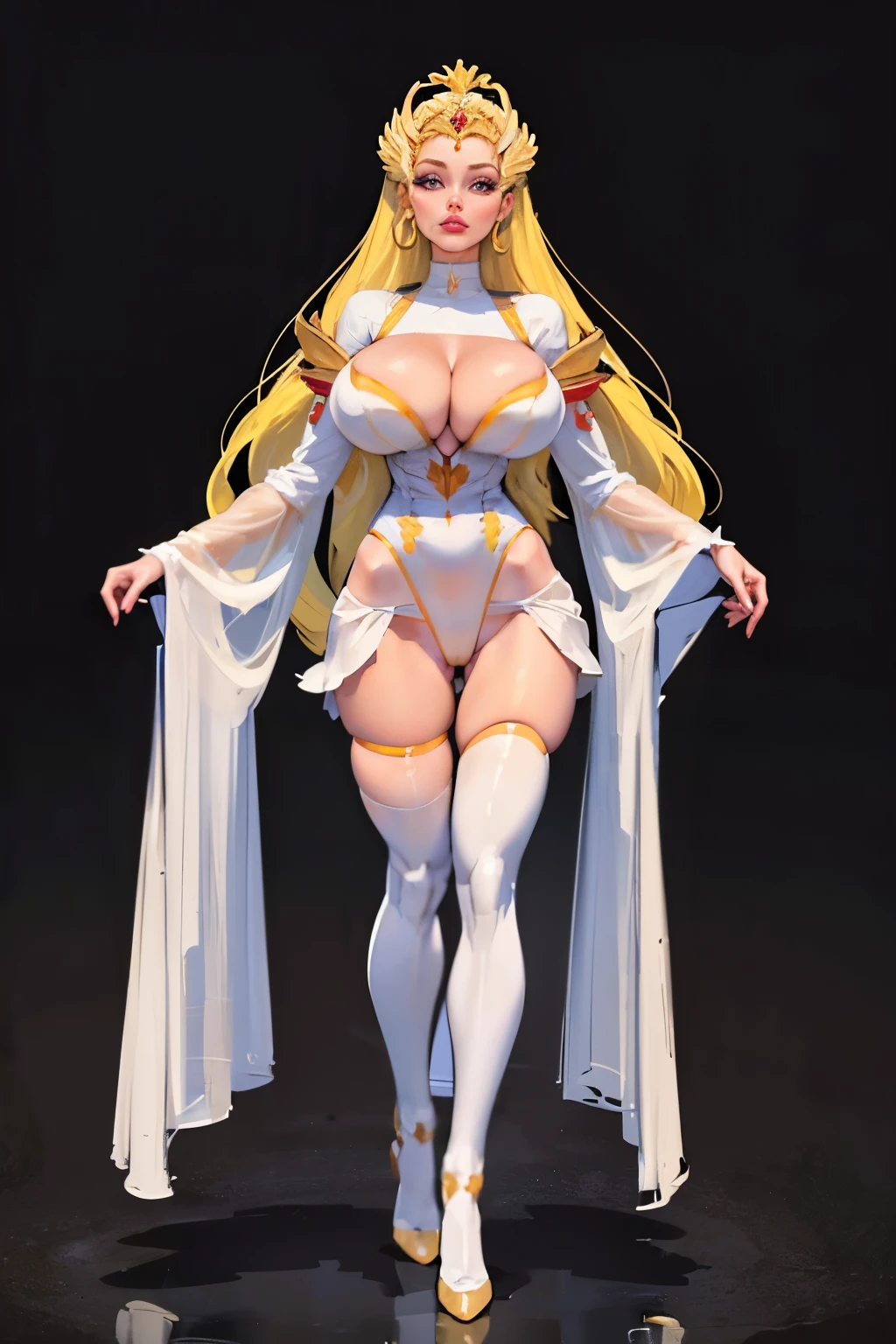 ((full body view)), futuristic city background, (((masterpiece))),((best quality)),detailed,1girl,realistic,(robot_girl,Mecha):1.2,(breasts pressed together), (forehead crown), Ceramic body,Smooth shoulders, golden crown, (full puffy liplonde hair, she-ra aesthetic, (puffy lips:1.4), Network background,Extremely detailed city,(Translucent body.),Reflective skin),thigh_gap,Detail face,long_hair,8k,Best quality,Super delicate,(Surreal:1.4),(gigantic breasts:1.2),