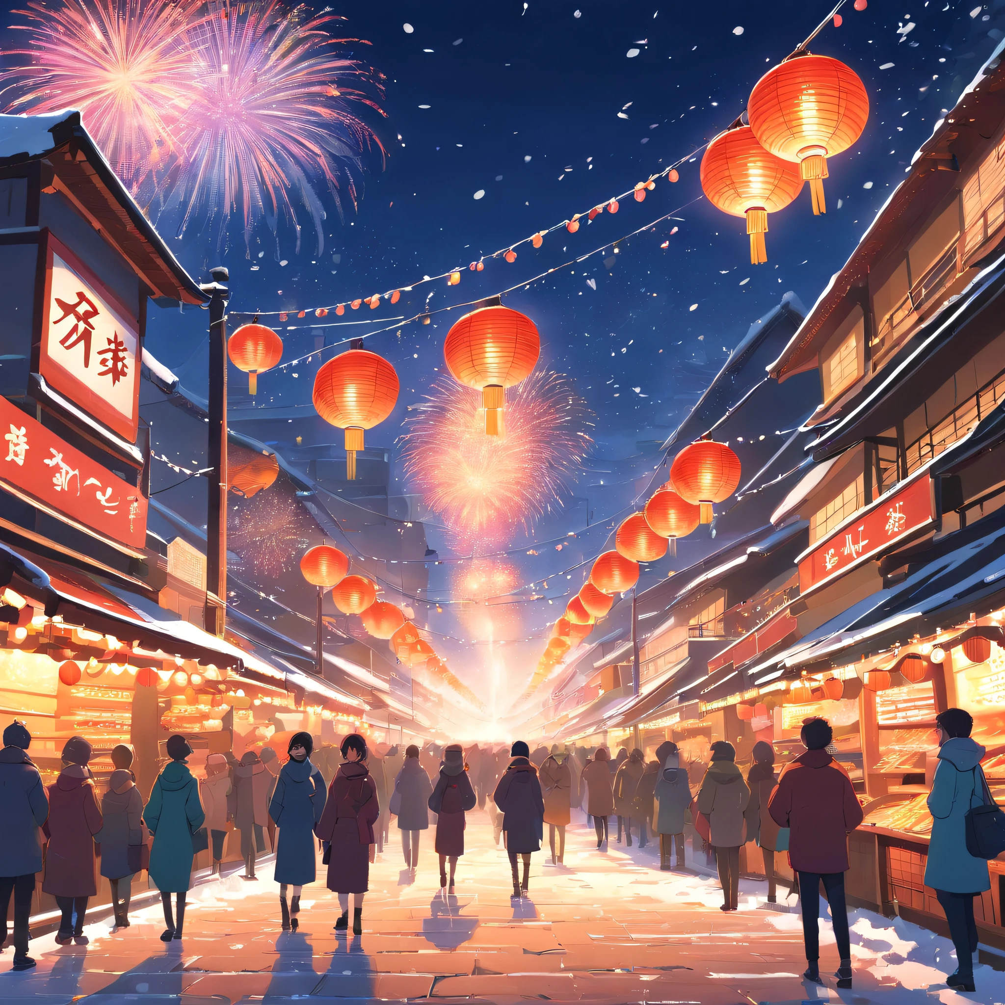 Japanese New Year Market,crowd of,Falling snow,lanternireworks