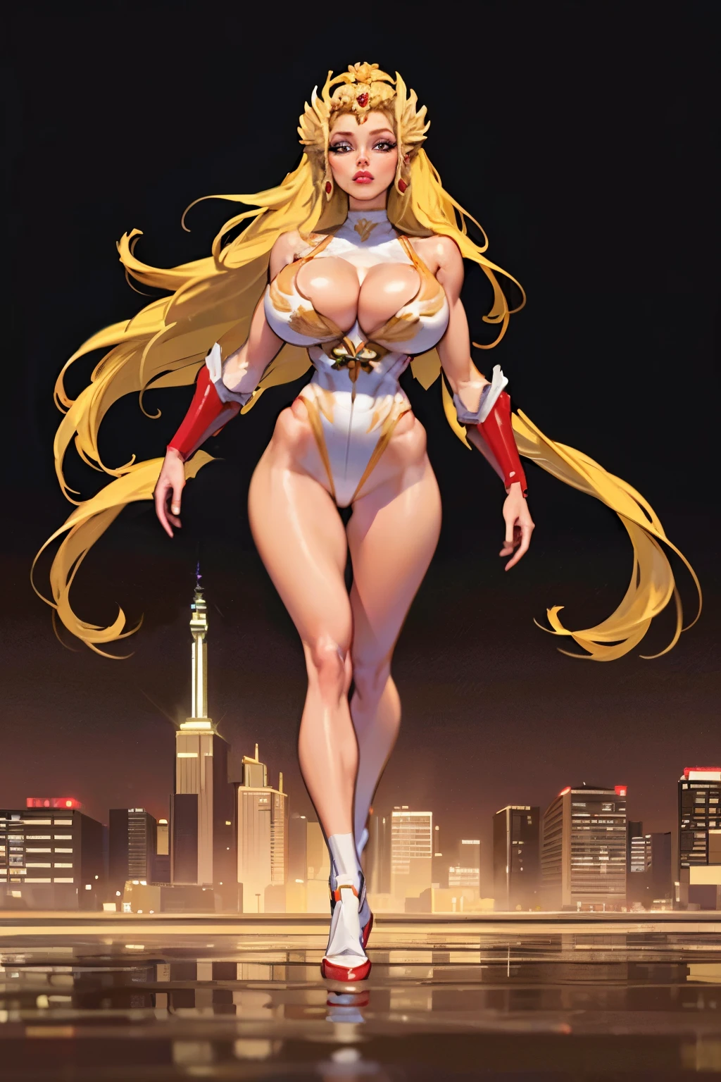 ((full body view)), futuristic city background, (((masterpiece))),((best quality)),detailed,1girl,realistic,(robot_girl,Mecha):1.2,(breasts pressed together), (forehead crown), Ceramic body,Smooth shoulders, golden crown, (full puffy liplonde hair, she-ra aesthetic, (puffy lips:1.4), Network background,Extremely detailed city,(Translucent body.),Reflective skin),thigh_gap,Detail face,long_hair,8k,Best quality,Super delicate,(Surreal:1.4),(gigantic breasts:1.2),