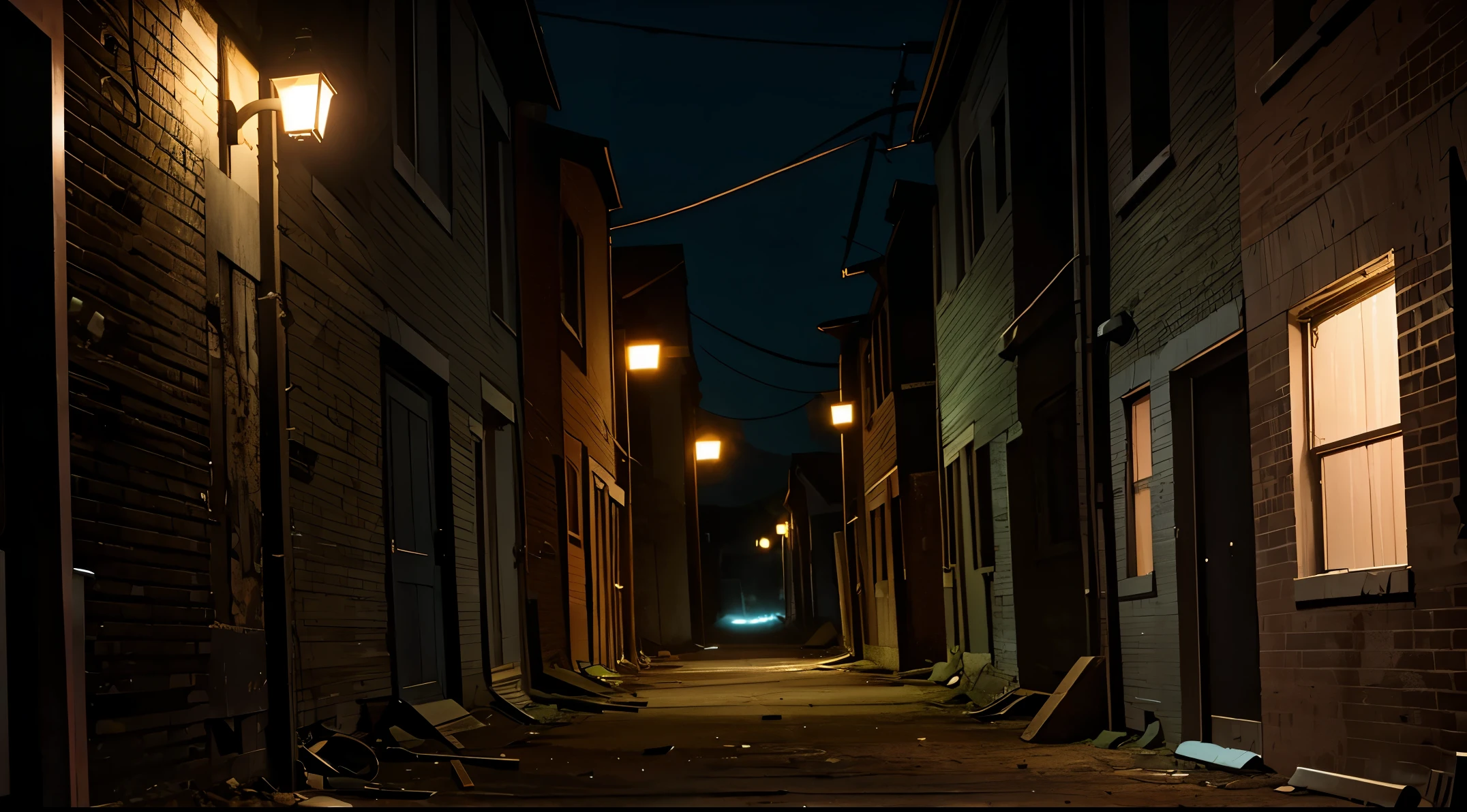 old alley between abandoned buildings and houses, dark, scary, cozy atmosphere, and night lighting