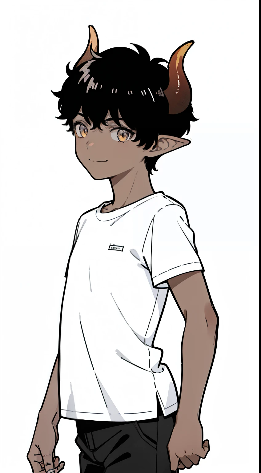 (1boy,8 years),solo,((dark skin)),((white shirt,short sleeves,black shorts)),Short hair,black hair,elf ears,(horns),(white background,line drawing),cowboy shot,from side,smile