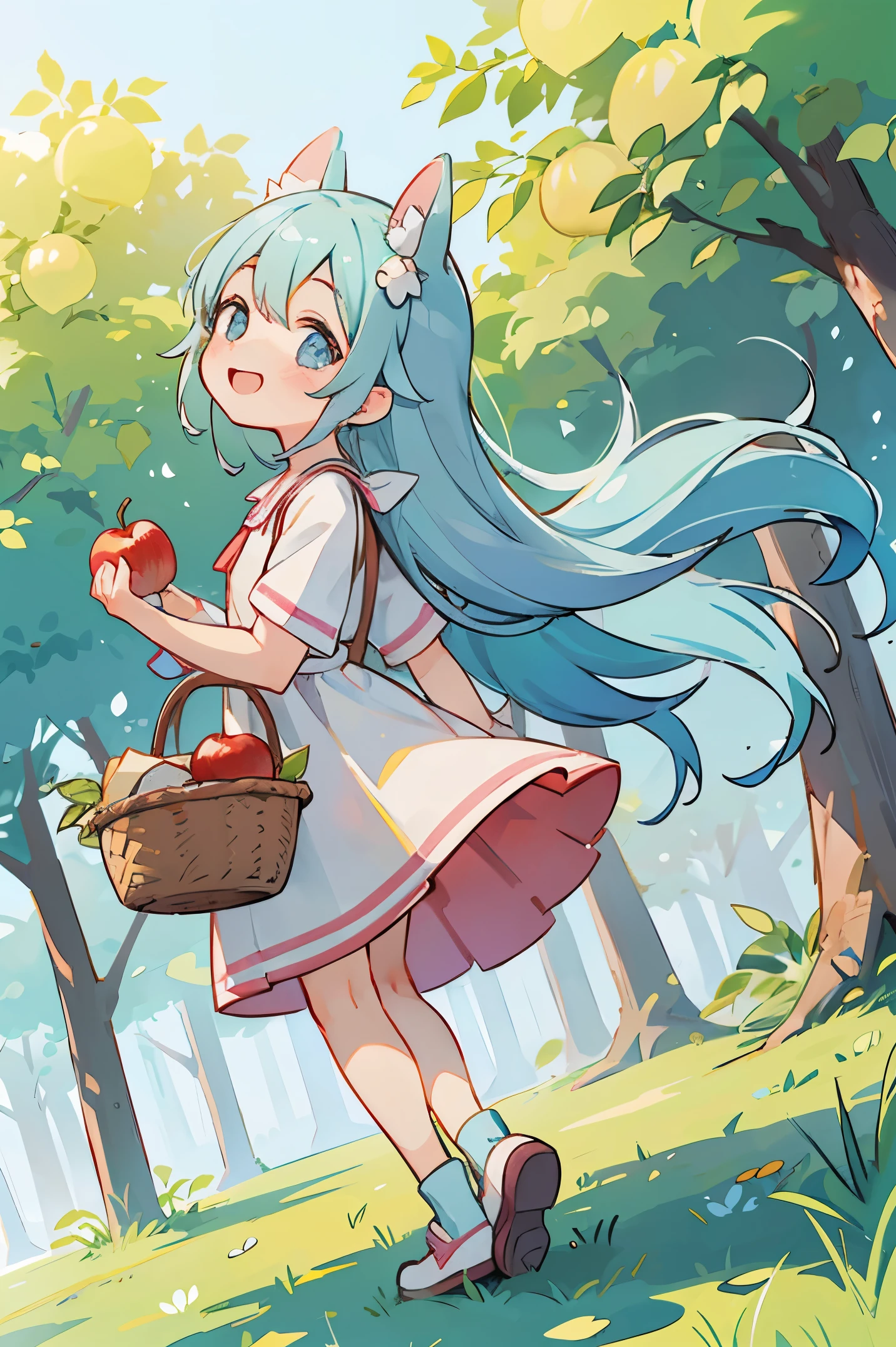 Girl dressed to go on an adventure、Light blue long hair、Twin-tailed、adorable smiling、bustup、Walking while humming、Looks like a lot of fun、There is a basket with apple pie、Take low-angle shots