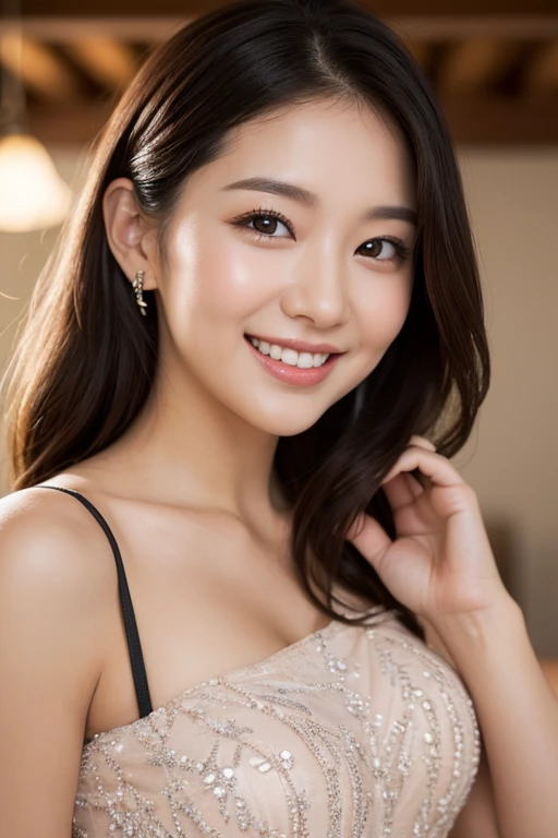 japanes、(Best Quality,Photorealistic,hight resolution),femele,Beautiful detailed eyes,Beautiful detailed lips,Smiling,Laughing,Cute,having fun,Joyful,excited,cosy atmosphere,,magical moments,glinting,Elegant dresses,,love and laughter、a 、Looking at the camera