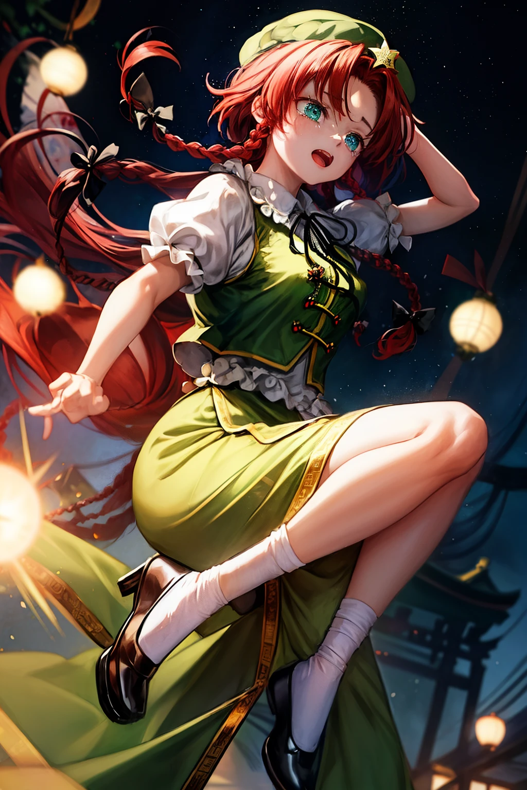 (masterpiece, top quality, best quality, beautiful and aesthetic:1.2), hong_meiling_touhou, braid, long_hair, red_hair, twin_braids, star_\(symbol\), hat, hat_ornament, star_hat_ornament, beret, smile, bow, bangs, blue_eyes, breasts, hair_bow, ribbon, green_headwear, green_eyes,full body, japanese architecture, surprised, :o, beam, laser, glaring body, open box, box, open mouth, jaw drop, wide-eyed, panicking, horrified, screaming, sobbing, traumatized, turn pale, wavy mouth, glowing, glow, outer glow