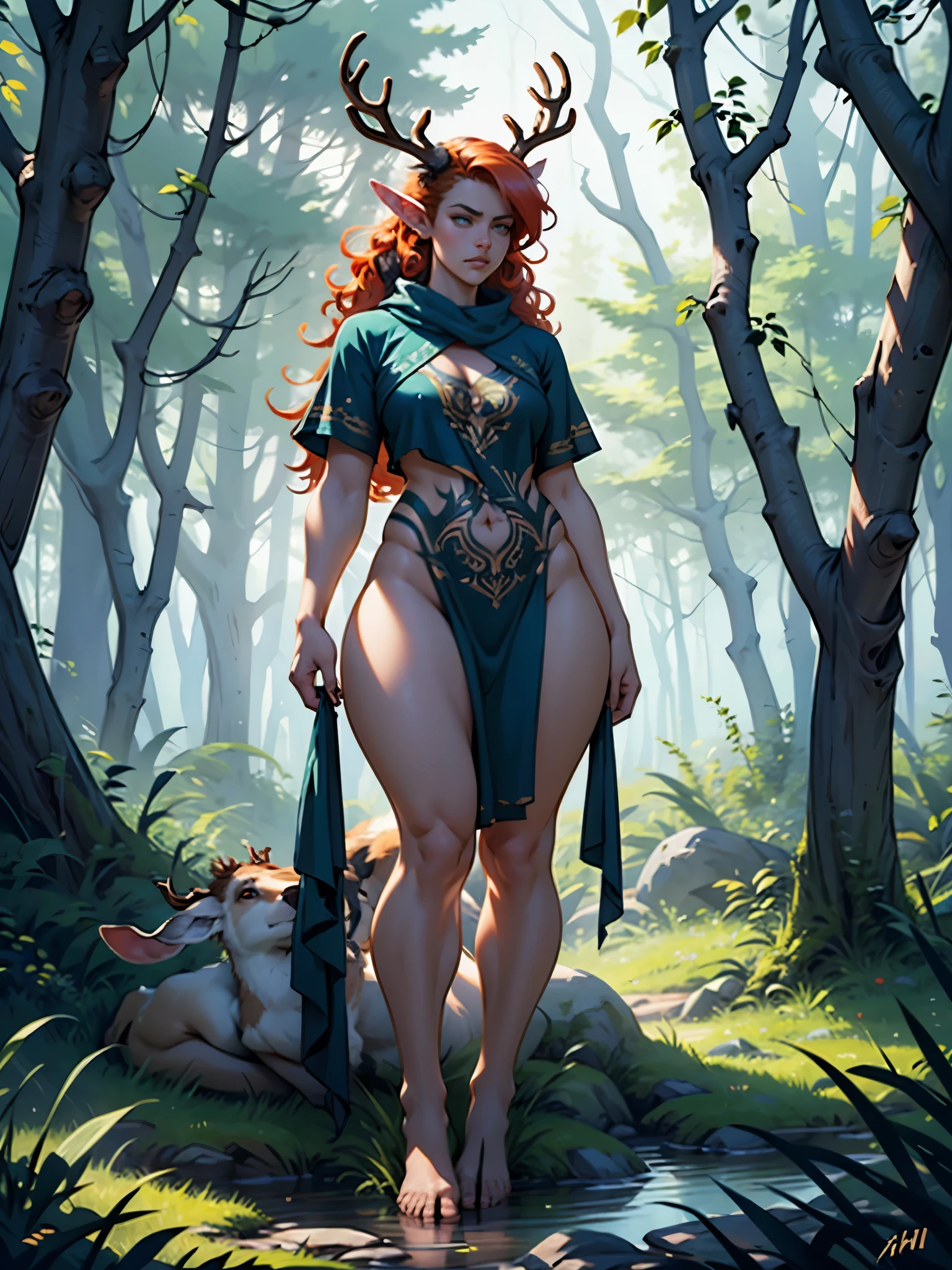 masterpiece, highly-detailed, hyper realistic, full-body shot of a small beautiful druid female on a tree in the middle of the forest, perfect face features, deer-like hin nose, thick kissable parted lips, expressive (glowing green eyes:0.7) with sad look, pointy ears, curly ginger hair, stag horns, perfect (small size:0.6)) body shape (curvy and fit:0.5), (hooved feet), (Deer-like feet:0,9). body coverd in tattoo , floral tattoo