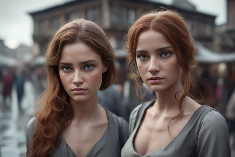 (In a old world where only female appear), crowded marketplace stands a young woman. Auburn hair, Clothing is dirty and worn out, A storm is approaching in the sky, ((gray ripped top)), ((sad look)). Highly detailed face, perfect eyes and face, perfection, perfect body, (Masterpiece:1.2) (photorealistic:1.2) (best quality), (8K) , (Sharp Focus), (Low Light), Dark, In the Shade, (highly detailed Skin texture)