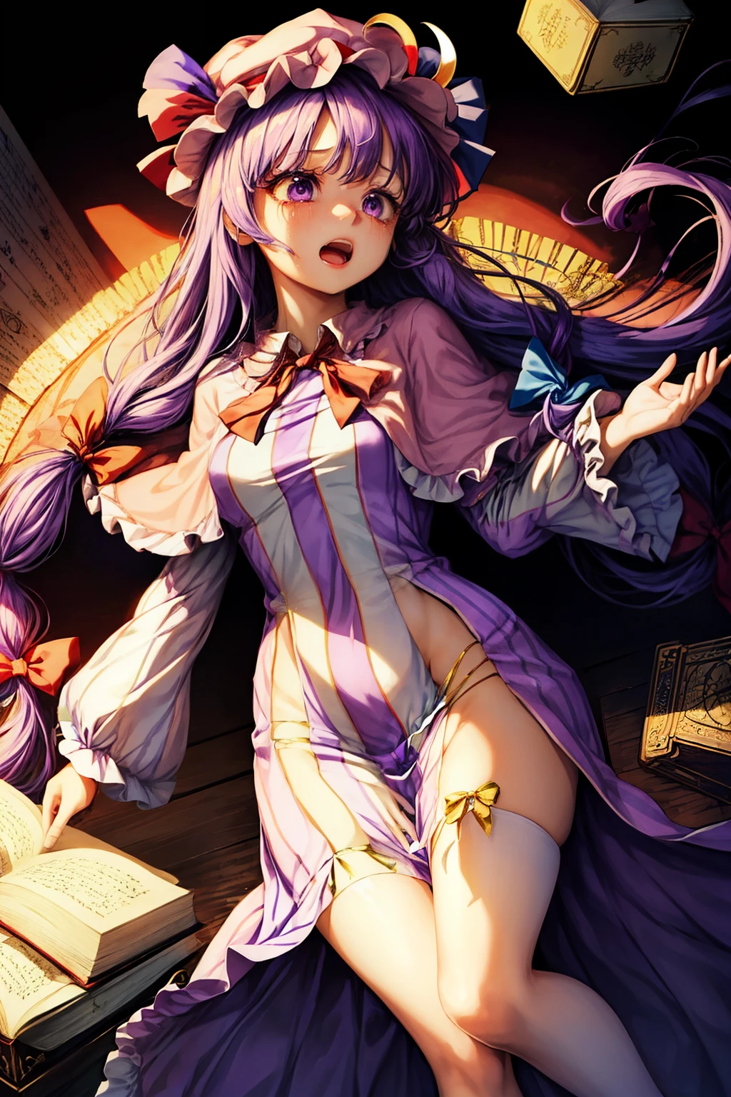 (masterpiece, top quality, best quality, beautiful and aesthetic:1.2), patchouli_knowledge_touhou. long_hair, purple_hair, crescent, purple_eyes, ribbon, hat, bow, bangs, mob_cap, hat_ornament, crescent_hat_ornament, hair_bow, red_bow, blue_bow, book, red_ribbon, capelet, hat_ribbon, striped, very_long_hair, full body, japanese architecture, surprised, :o, beam, laser, glaring body, open box, box, open mouth, jaw drop, wide-eyed, panicking, horrified, screaming, sobbing, traumatized, turn pale, wavy mouth, glowing, glow, outer glow
