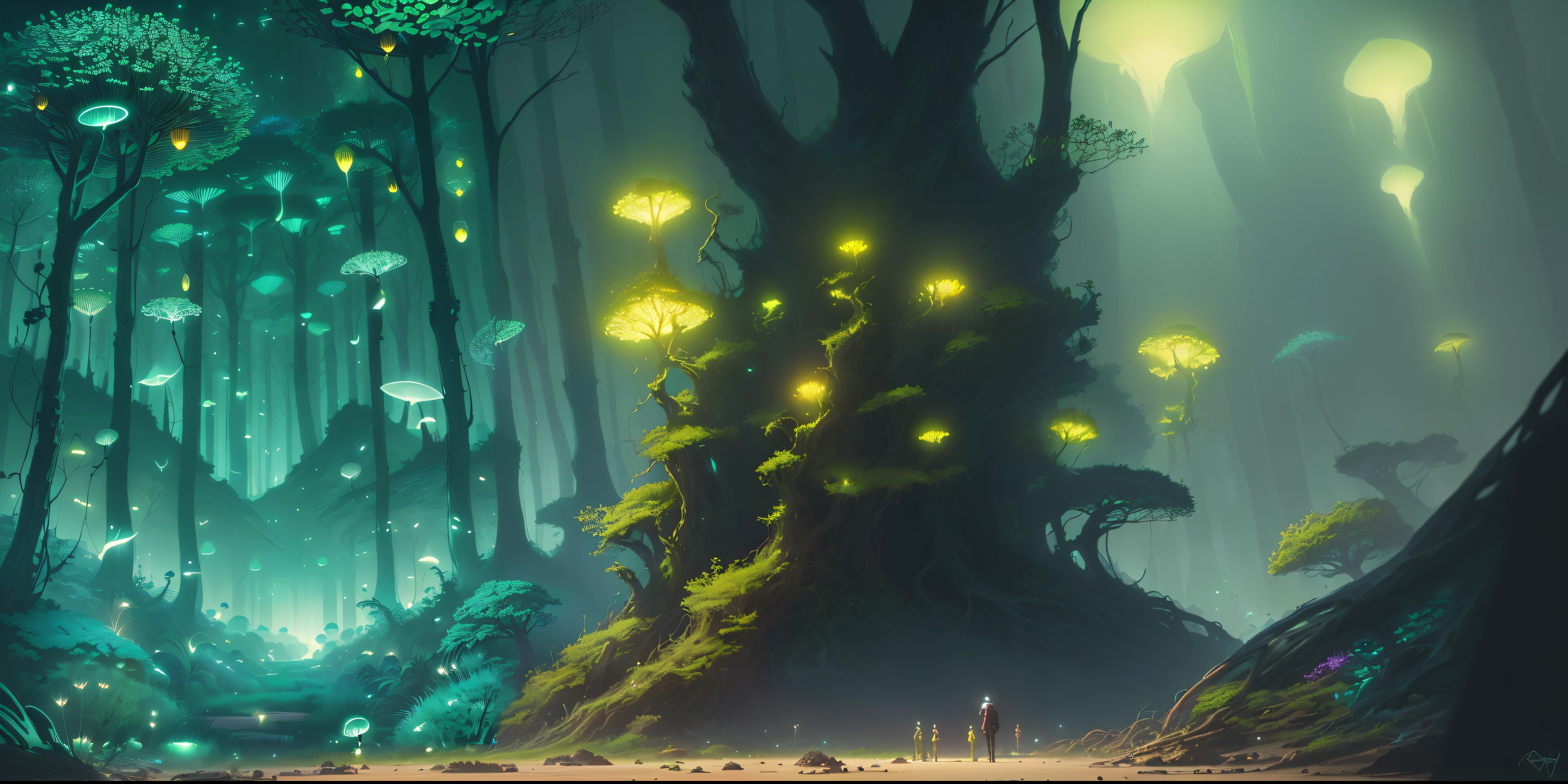 a painting of a forest with lots of green and yellow lights, alien forest, underwater mushroom forest, strange alien forest, concept art wallpaper 4k, cyberpunk forest, cyber space forest scene, lush alien landscape, dan mumford tom bagshaw, anime lush john 8k woods, background artwork, epic fantasy sci fi illustration, artem demura beeple