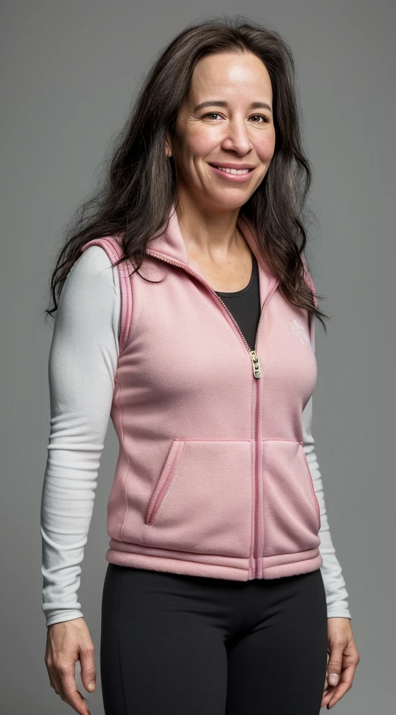 there is a woman that is smiling for the camera, this person does not exist, 40 years old, very huge smile, mature facial features, expressive happy smug expression, wearing a pink fleece zip up vest with black leggings and uggs, ksenia sobchak-jill zarin-cass elliot-carrie coon-roma maffia-bebe neuwirth-janeane garofalo-cher-alanis morrisette-nancy travis merged, entire body visible, full body, hyperrealistic, best quality, 8K, real human skin, masterpiece, extremely intricate, medium closeup, detailed eyes, detailed face, detailed body, exaggerated features, pronounced features