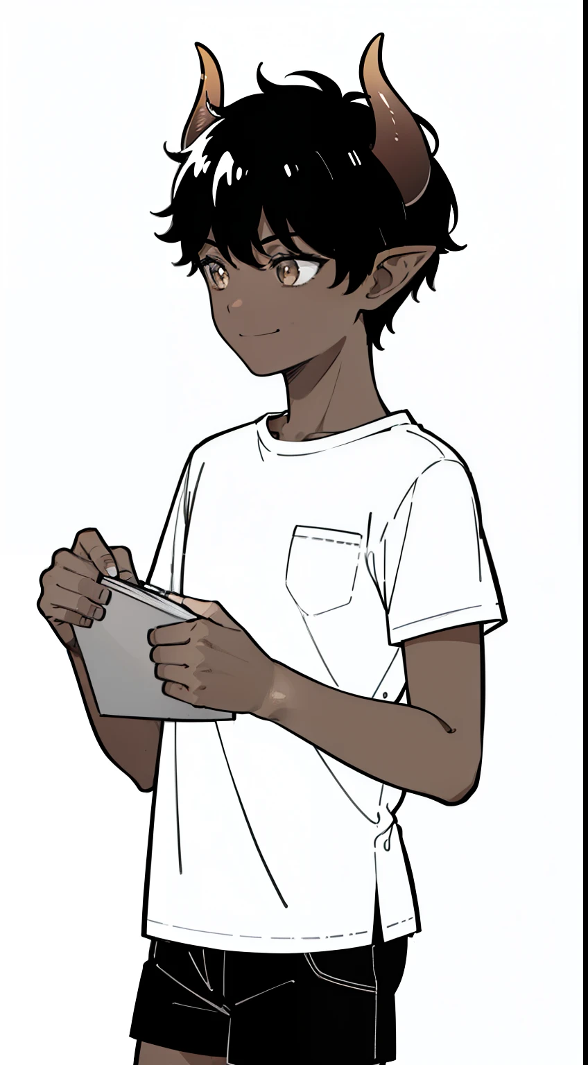 (1boy,8 years),solo,((dark skin)),((white shirt,short sleeves,black shorts)),Short hair,black hair,elf ears,(horns),(white background,line drawing),cowboy shot,from side,smile,looking away