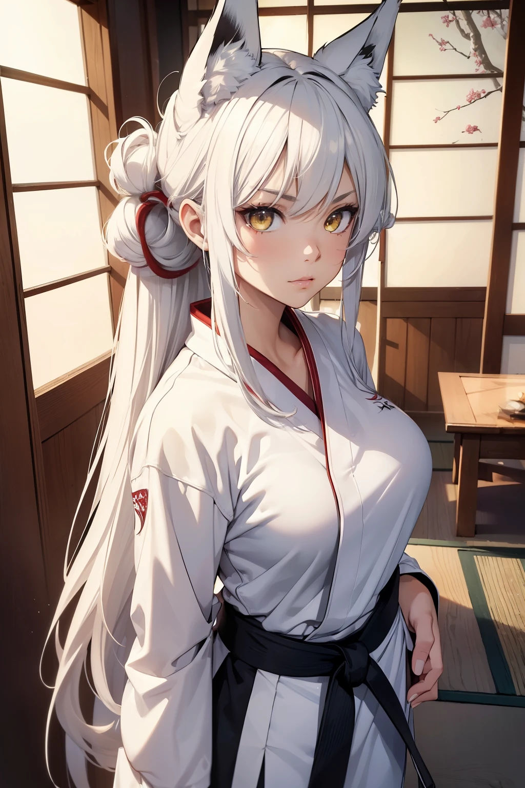 (best quality, 4k, 8k, highres, masterpiece:1.2), ultra-detailed, detailed face, detailed lips and eyes, expressive face, realistic, BREAK BLARKY beautiful caucasian woman with very long straight white hair, (yellow eyes), fair skin, expressive face, attractive appearance, animal ear fluff, animal ears, bangs, extra ears, fox ears, fox girl, fox tail, hair between eyes, large breasts, BREAK (long hair, half updo:1.5), (16 years old), BREAK Masterpiece background, dojo, japanese architecture, indoors, nowadays, complex pattern, corner, (from diagonally above:0.8), Japanese dojo, aged wood floor, hanging lanterns, sliding shoji doors, bonsai tree on windowsill, framed calligraphy on wall, tatami mats, bamboo sword rack, gentle sunlight through paper windows, dojo's exterior with cherry blossoms, BREAK (white theme:1.3), (karate uniform:1.4), BREAK (black theme:1.1), (knot on waist:1.2), BREAK (annoyed:1.2), worried expression, full body, standing, looking at viewer, hands on belt, Extremely Detailed