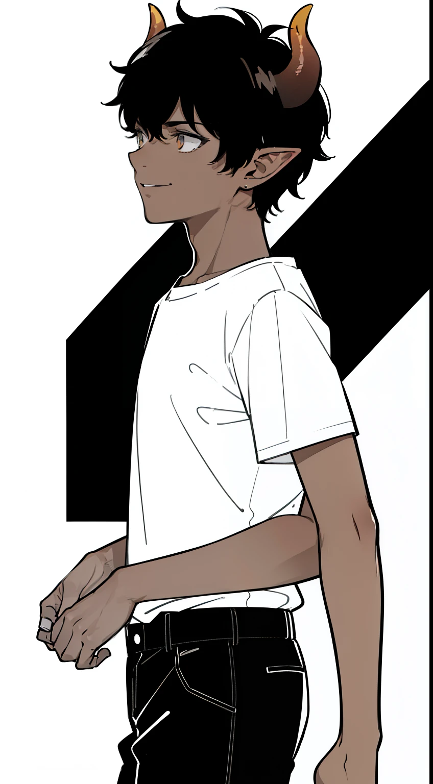 (1boy,8 years),solo,((dark skin)),((white shirt,short sleeves,black shorts)),Short hair,black hair,elf ears,(horns),(white background,line drawing),cowboy shot,from side,smile,looking away