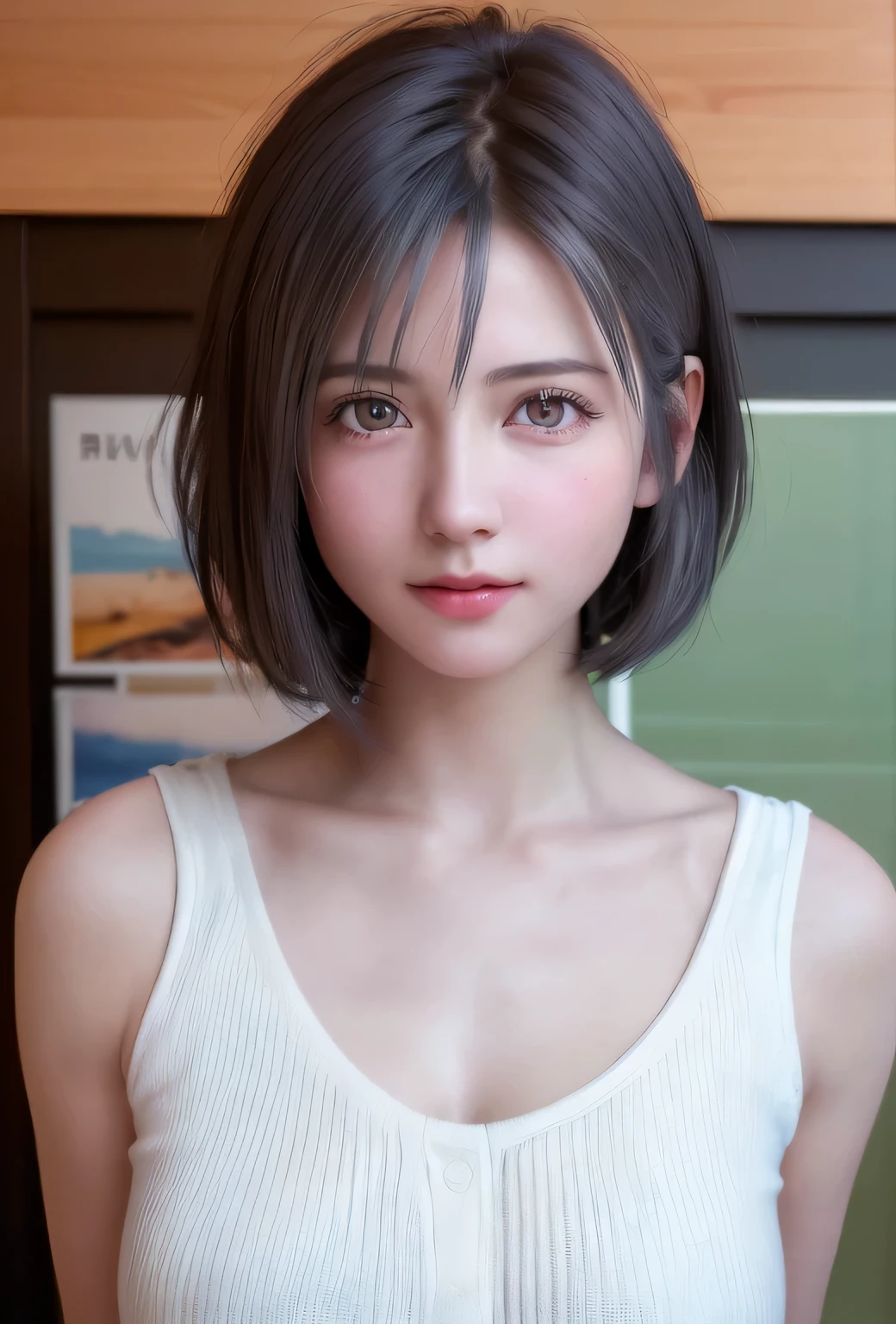 (8k, Realistic Photos, RAW photo, of the highest quality: 1.3), (1Girl in), Super beautiful, (realstic face), (Childish, Silver Color He isrry Shorthair), He isautiful , A glow that captivates the viewer, He isautiful expression, He isautiful breasts, (realistic skin), He is...