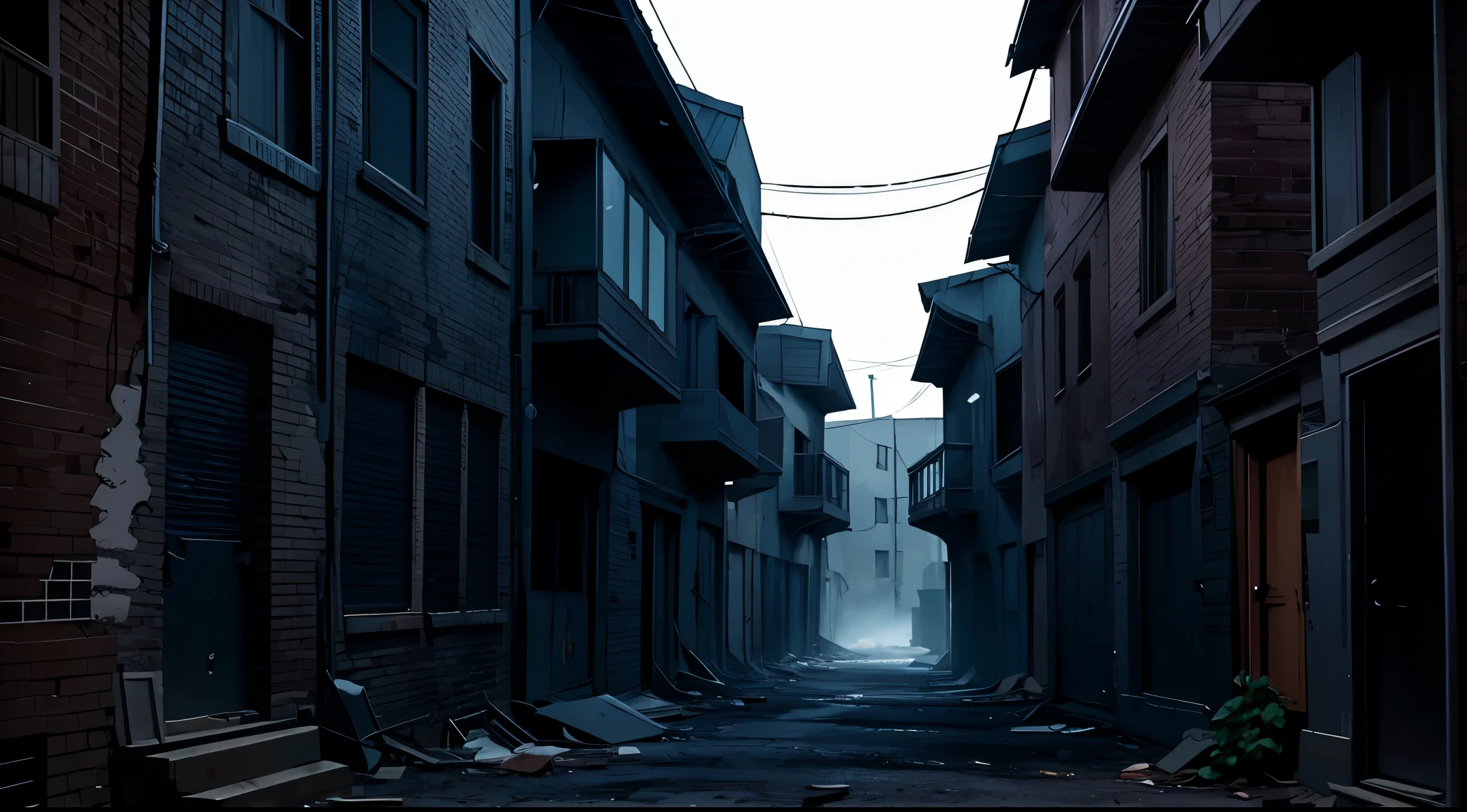 old alley between abandoned buildings and houses, dark, scary, cozy atmosphere, and night lighting