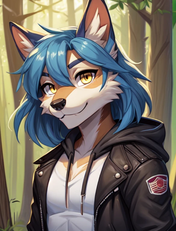 Furry boy,with Blue hair, withHood jacket, Yellow eyes