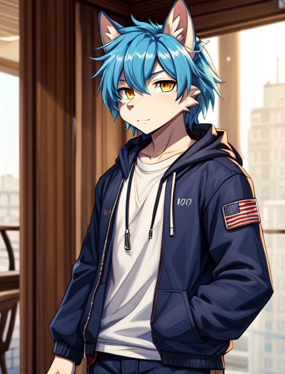 Furry boy,with Blue hair, withHood jacket, Yellow eyes