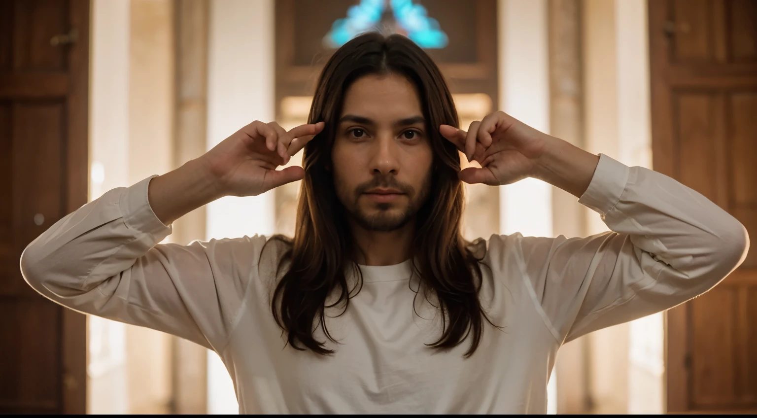 Imagine Jesus Christ in high definition: descreva-o minuciosamente, from its physical appearance to its spiritual expression. Detalhe seus olhos, cabelos, barba, pele e vestimenta com riqueza de detalhes. Transmita a aura de serenidade, compassion and wisdom that emanates from Him. Descreva a maneira como Ele se posiciona, the gestures he makes and the feeling of peace and hope that his presence conveys to those who see him. Also explore the atmosphere around Him: luzes, cores, symbolic elements and the spiritual sensation that He radiates." Homem