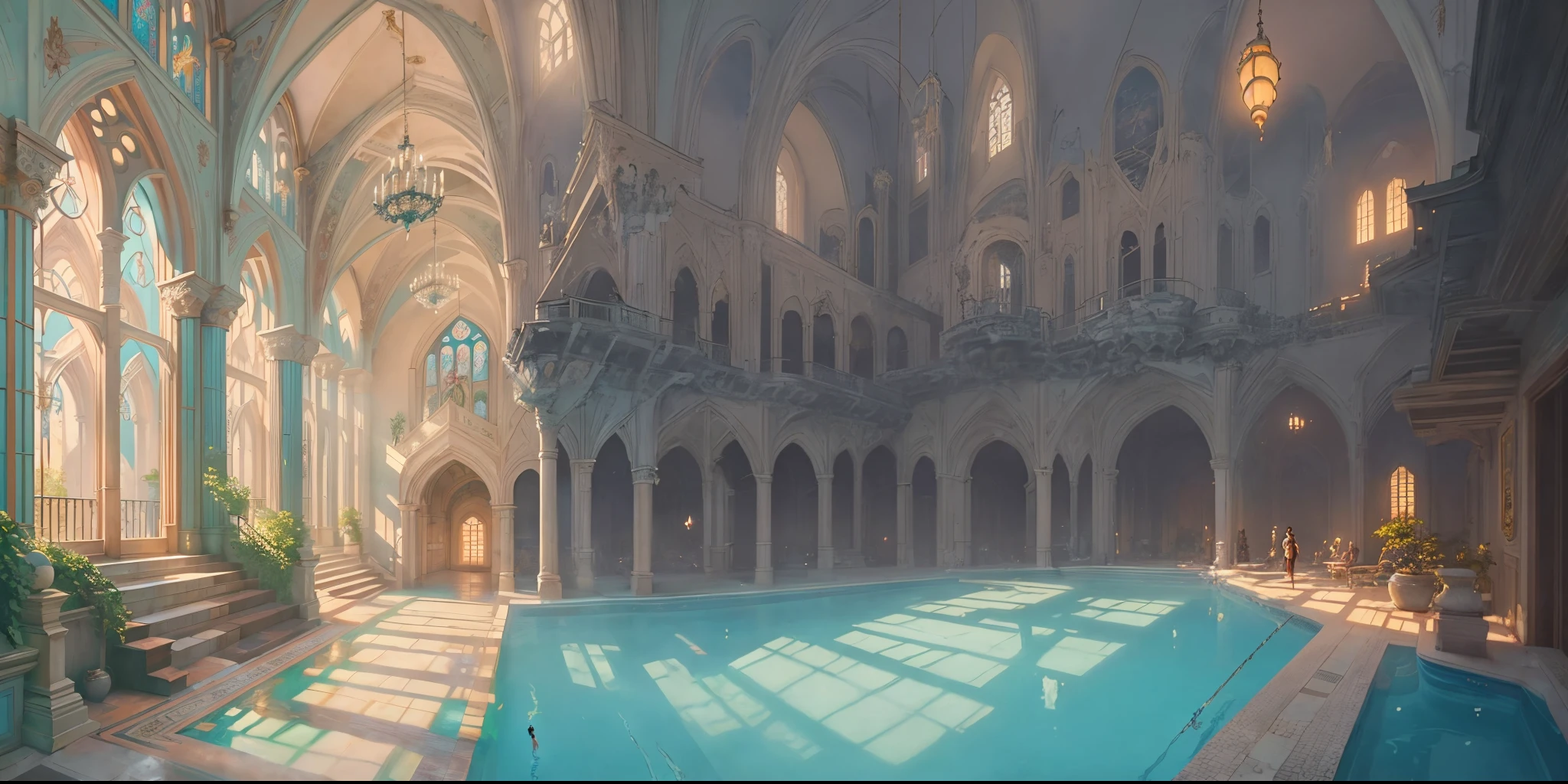 there is a painting of a large building with a pool in it, ross tran. scenic background, concept art stunning atmosphere, by Yanjun Cheng, style of raphael lacoste, interior background art, beautiful concept art, elegant cinematic fantasy art, beautiful render of a fairytale, by jeonseok lee, intricate castle interior, stunning! concept art, by Alexander Kucharsky