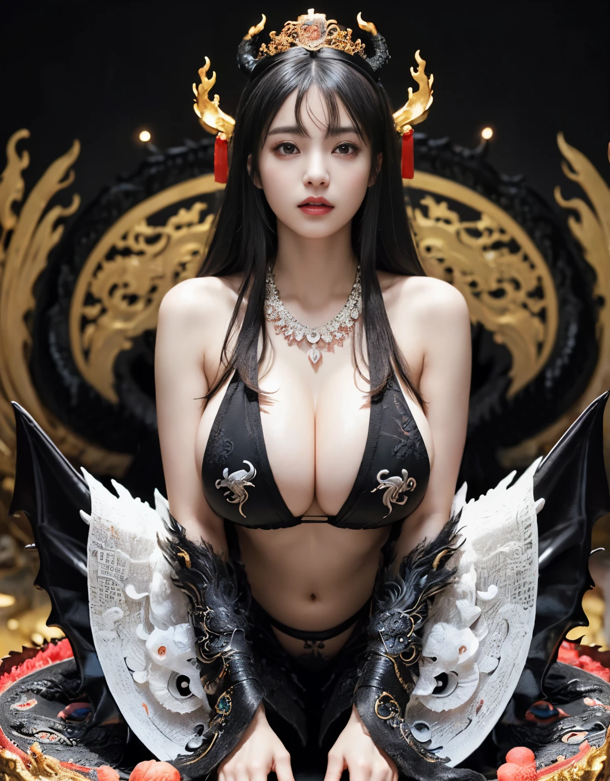 (heavy breasts)、top-quality、​masterpiece、超A high resolution、（Blue Dragon Armor）、(((metals製))),(((Colossal tits)))、(((Detailed white micro bikini))),(Wearing a beautiful crown made of jewels),(Photorealsitic:1.4)、Raw photo、女の子1人、(((Random hair))、(((Take different poses)))、glowy skin、(((black chinese dragon)))、Intricate and ornate hair ornaments、（Looks like a gorgeous jewelry necklace）、（A person who sees with calm and goddess-like eyes）Happiness:1.2)、（metal bikini background)).((Beautiful coral and sea background))、Precipitous cliffs、(ruins background)、((super realistic details))、portlate、globalillumination、（sexypose）、Shadow、octan render、8K、Colossal tits、Raw skin exposed in the cleavage、metals、Details of complex ornaments、Japan details、highly intricate detail、Realistic light、CG Society Trenlow Eyes、Eyes shining towards the camera、Toostock、（veils）、(((Heavy Big))),Shining eyes shine、Armpit、