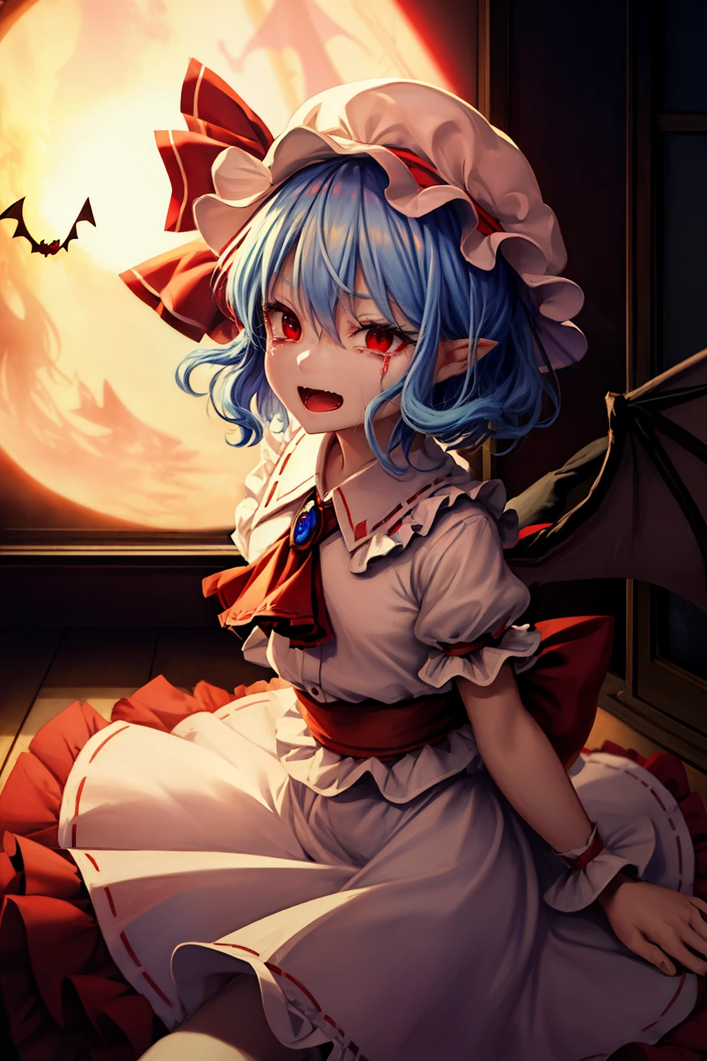 (masterpiece, top quality, best quality, beautiful and aesthetic:1.2), remilia_scarlet_touhou, red_eyes, short_hair, bat_wings, wings, ribbon, hat, blue_hair, mob_cap, hair_between_eyes, hat_ribbon, bangs, smile, red_ribbon, full body, japanese architecture, surprised, :o, beam, laser, glaring body, open box, box, open mouth, jaw drop, wide-eyed, panicking, horrified, screaming, sobbing, traumatized, turn pale, wavy mouth, glowing, glow, outer glow