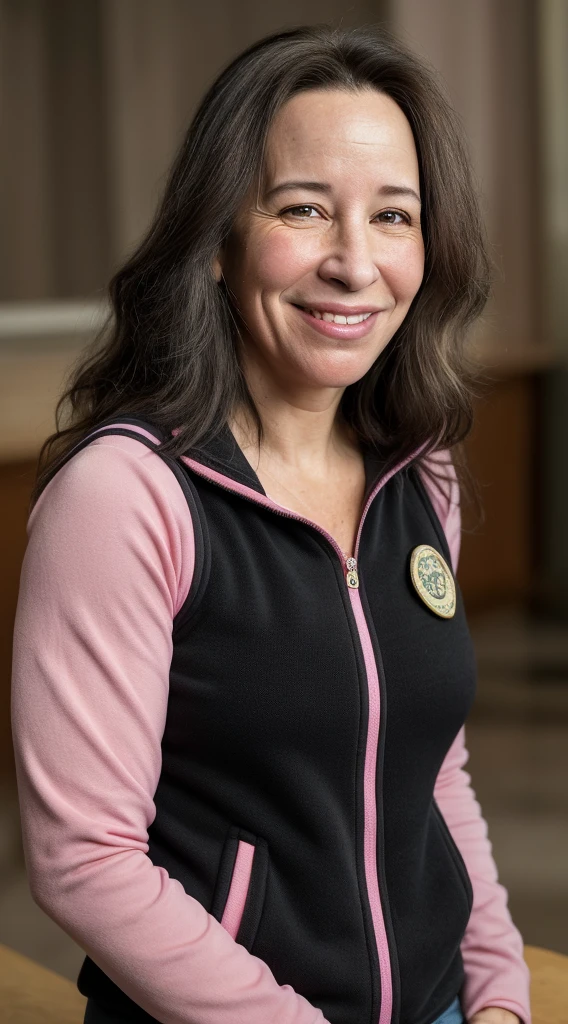 there is a woman that is smiling for the camera, this person does not exist, 40 years old, very huge smile, mature facial features, expressive happy smug expression, wearing a pink fleece zip up vest with black leggings and uggs, short, ksenia sobchak-jill zarin-cass elliot-carrie coon-roma maffia-bebe neuwirth-janeane garofalo-cher-alanis morrisette-nancy travis merged, entire body visible, full body, hyperrealistic, best quality, 8K, real human skin, masterpiece, extremely intricate, medium closeup, detailed eyes, detailed face, detailed body, exaggerated features, pronounced features