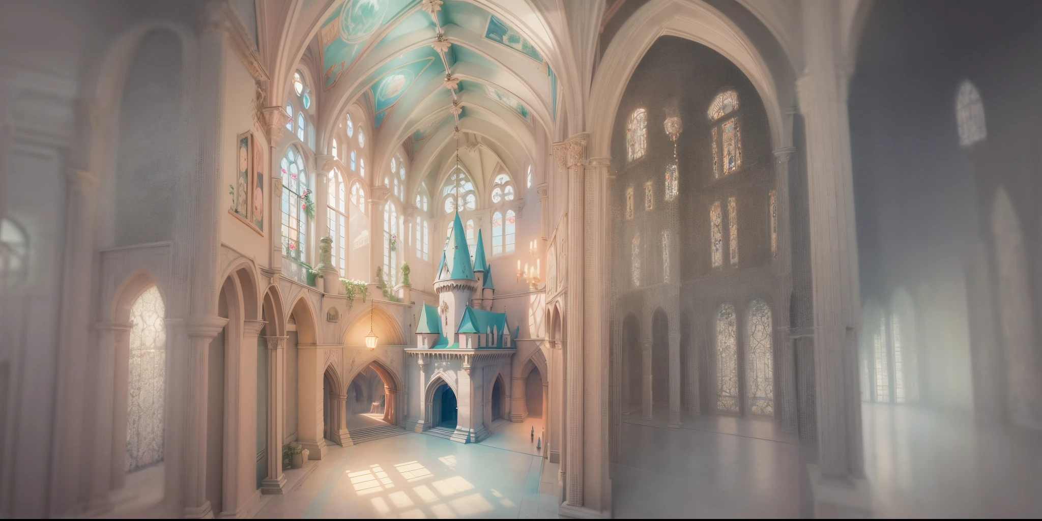 there is a castle in the middle of a large room, beautiful render of a fairytale, inside her surreal vr castle, ross tran. scenic background, intricate castle interior, by jeonseok lee, by Yanjun Cheng, beeple and alphonse mucha, inside an epic gothic castle, artem demura beeple, beautiful 3 d concept art