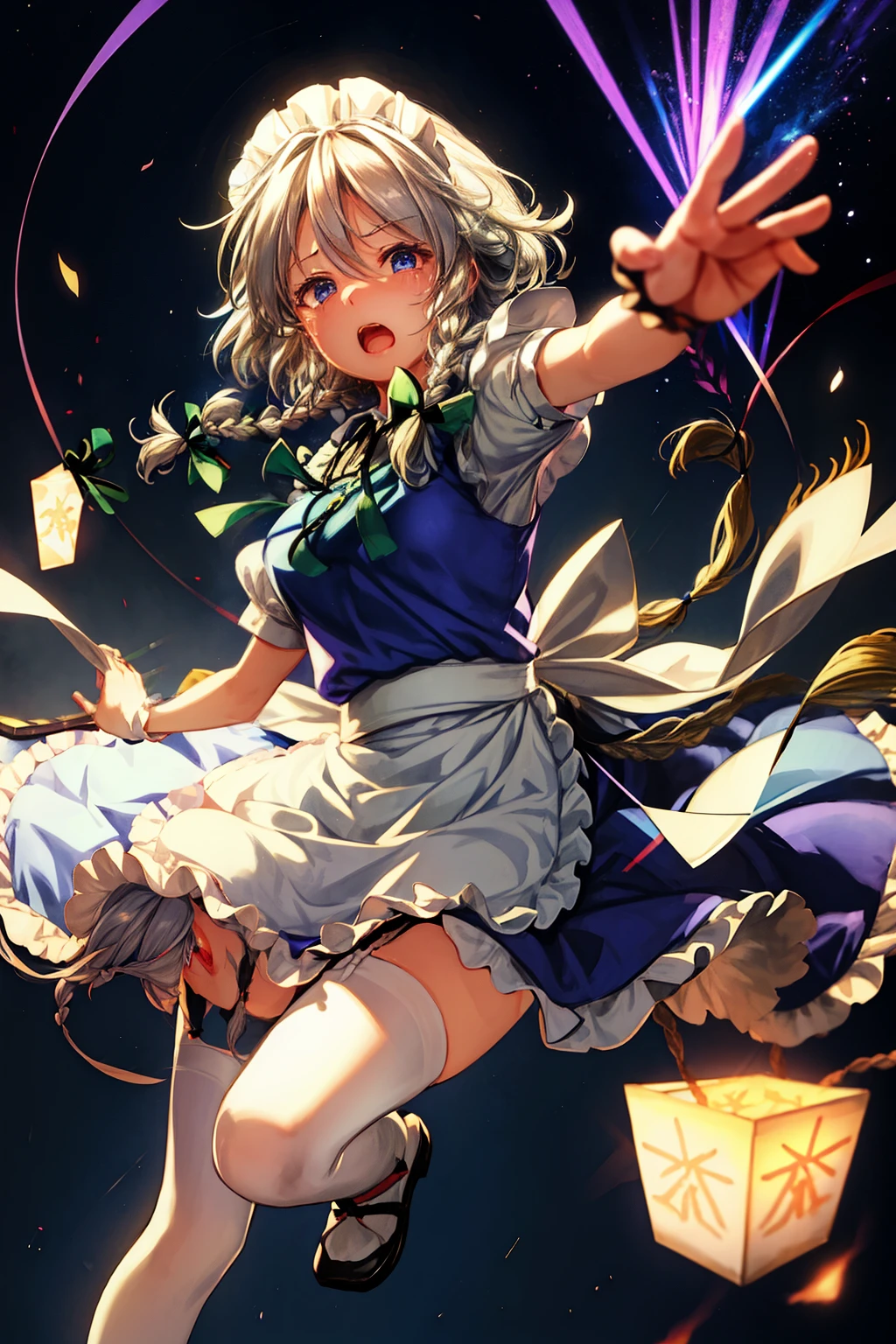 (masterpiece, top quality, best quality, beautiful and aesthetic:1.2), izayoi_sakuya_touhou, braid, twin_braids, maid_headdress, short_hair, maid, bow, grey_hair, hair_bow, bangs, blue_eyes, ribbon, hair_between_eyes, breasts, apron, green_bow, white_hair, full body, japanese architecture, surprised, :o, beam, laser, glaring body, open box, box, open mouth, jaw drop, wide-eyed, panicking, horrified, screaming, sobbing, traumatized, turn pale, wavy mouth, glowing, glow, outer glow