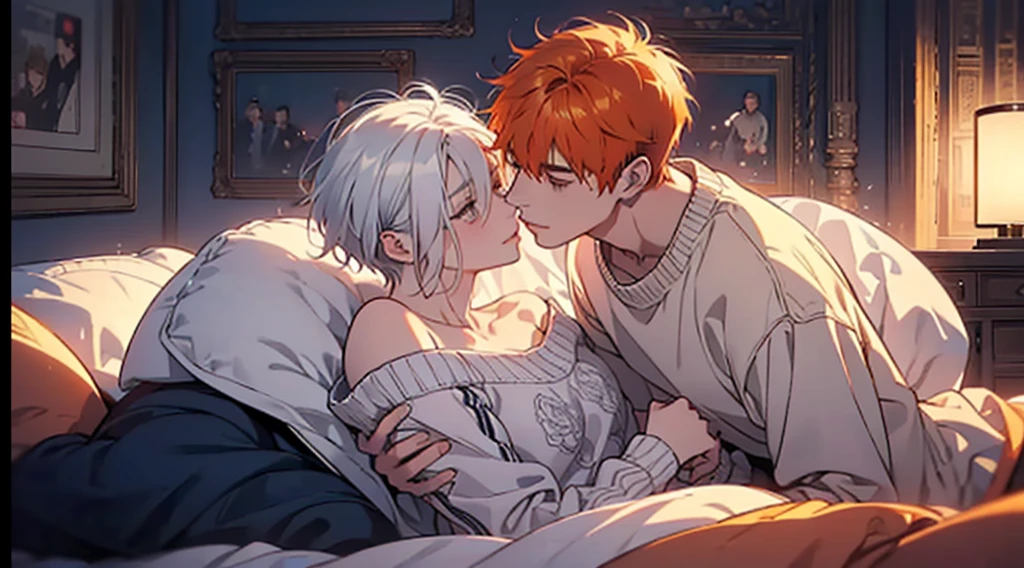 ​master piece,Best Quality,Couple lying in bed、flirt、Male and female couples、Dynamic Pose、girl with(White hair,short-hair、Smile、off-the-shoulder sweater,shortpants、rcasual,Short stature、small tits)、a handsome man(Orange hair,Boyish hairstyle,Upper body naked、jeans、well-muscled,Firm shoulder width, cool expression,tall, 33yo),Body disparity、Kiss on the cheek、embracing each other、laying on back、Bedrooms、deep in the night、NSFW、Romance、Overhead view