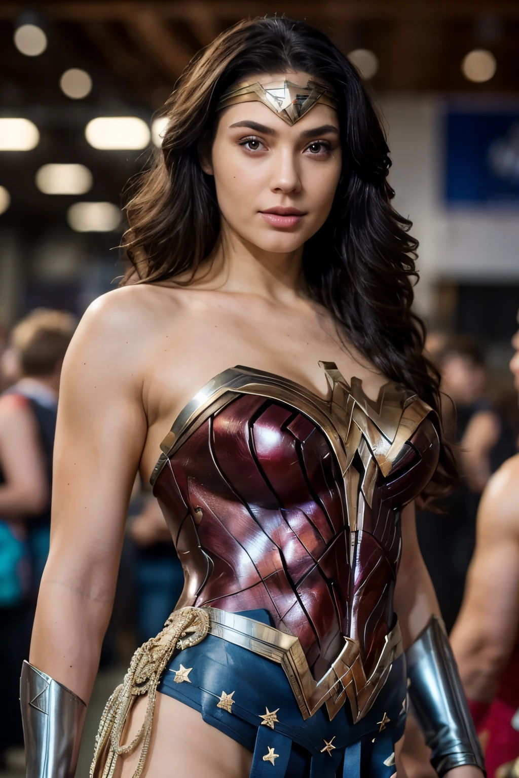Photorealistic, Beautiful woman, (detailed brown eye, ((Facing the front)), ((Look at viewers)), (Sexy pose), Small light, Low contrast, Facial symmetry, a lot of people in background, comic con, central image, Lights up softly, (finely detailed skin), pale skin, Realistic skin texture, Extreme skin details, (pores: 0.1), , small bust with good shape, , slim figure, Hourglass body shape, fitness body, wonder woman, armor, intagram filter