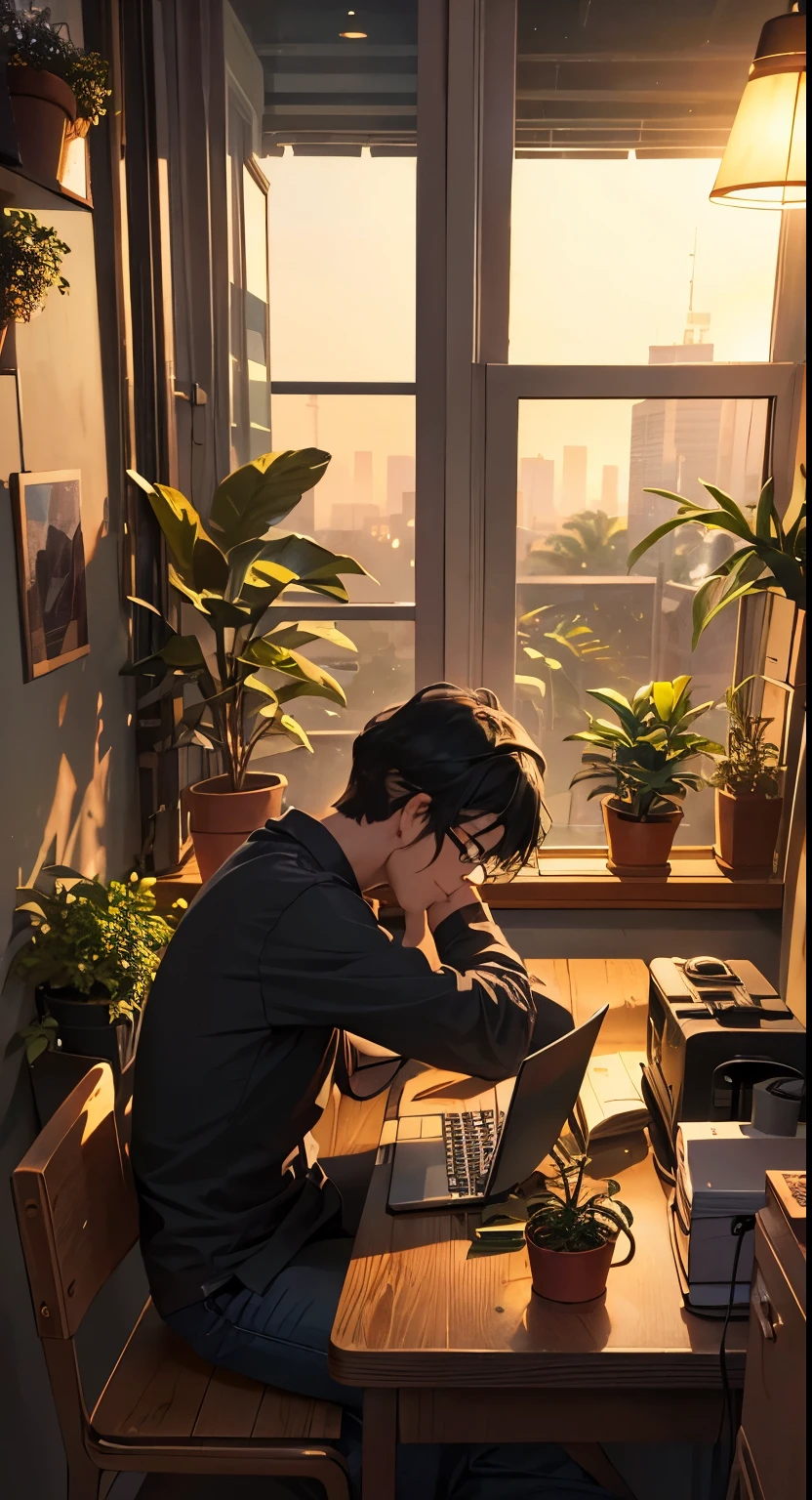 Lo-fi aesthetic, Guy with glasses, disheveled black hair, sitting at the table, Works on a laptop, does homework, soft lighting lamps, plants everywhere, plant in the foreground, evening lighting, lo-fi cafe