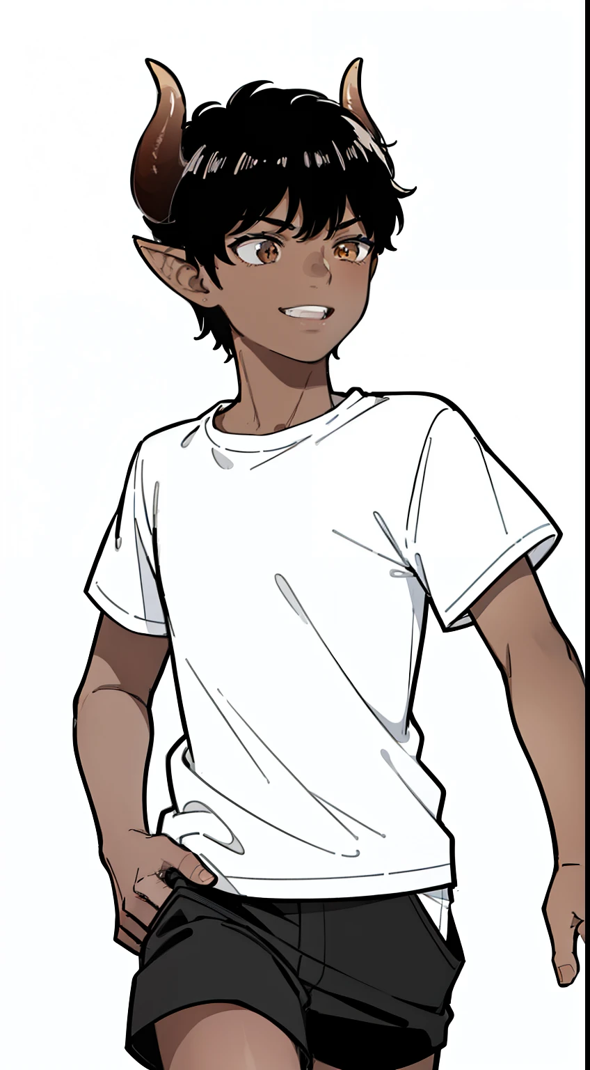(1boy,8 years),solo,((dark skin)),((white shirt,short sleeves,black shorts)),Short hair,black hair,elf ears,(horns),(white background,line drawing),cowboy shot,from side,smile,open mouth,running,looking away
