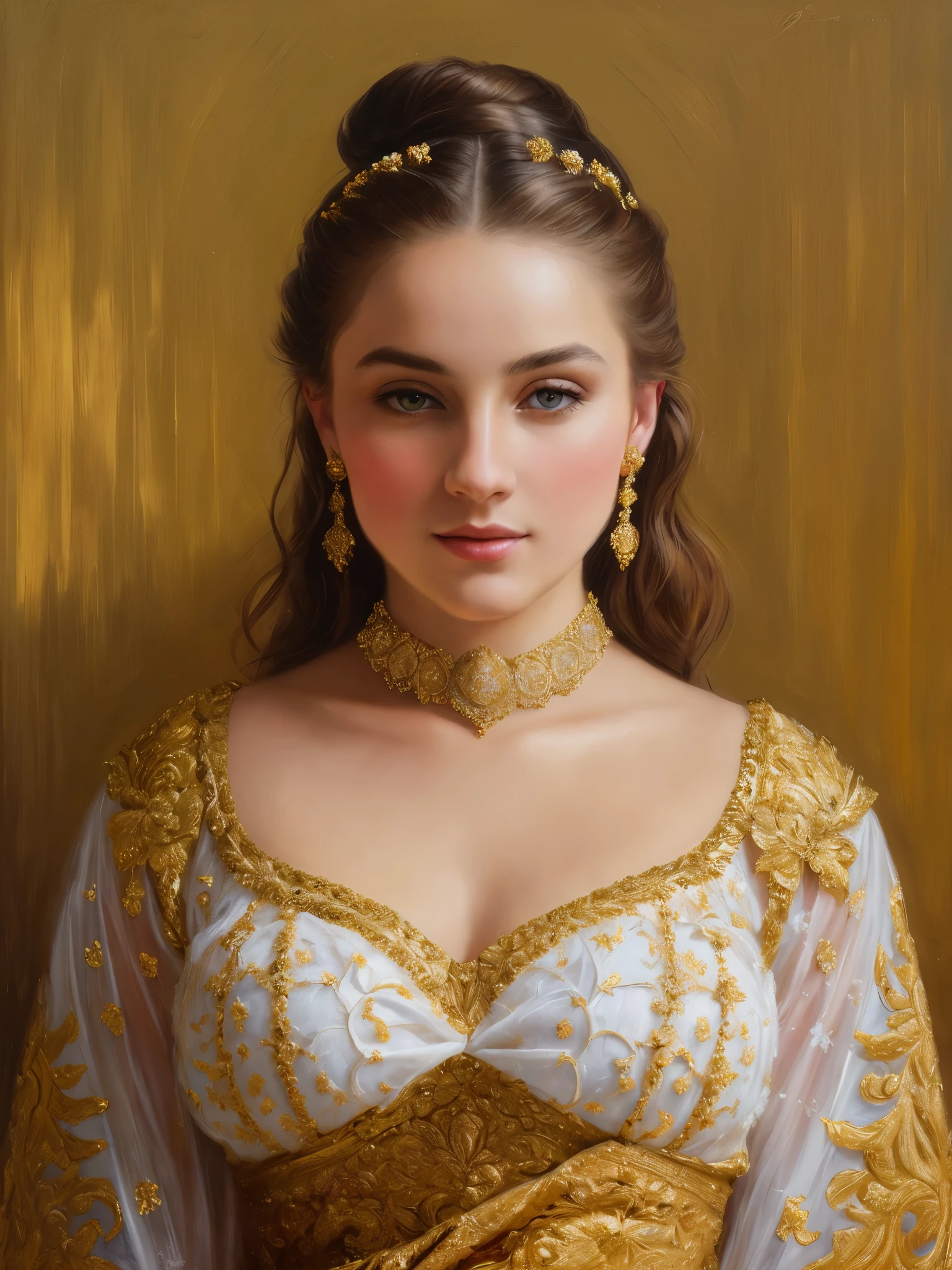 portrait, girl, middle ages, classicism, andrey atroshenko style, extremely beautiful Styled Hair, perfect Artwork, highly appreciated, painting, traditional media, realistic, figurative, fine art, oil on canvas, HDR, 8K, original character, high resolution, high detail, focus on the face, highly detailed, Best quality, masterpiece, award winning, 32k,