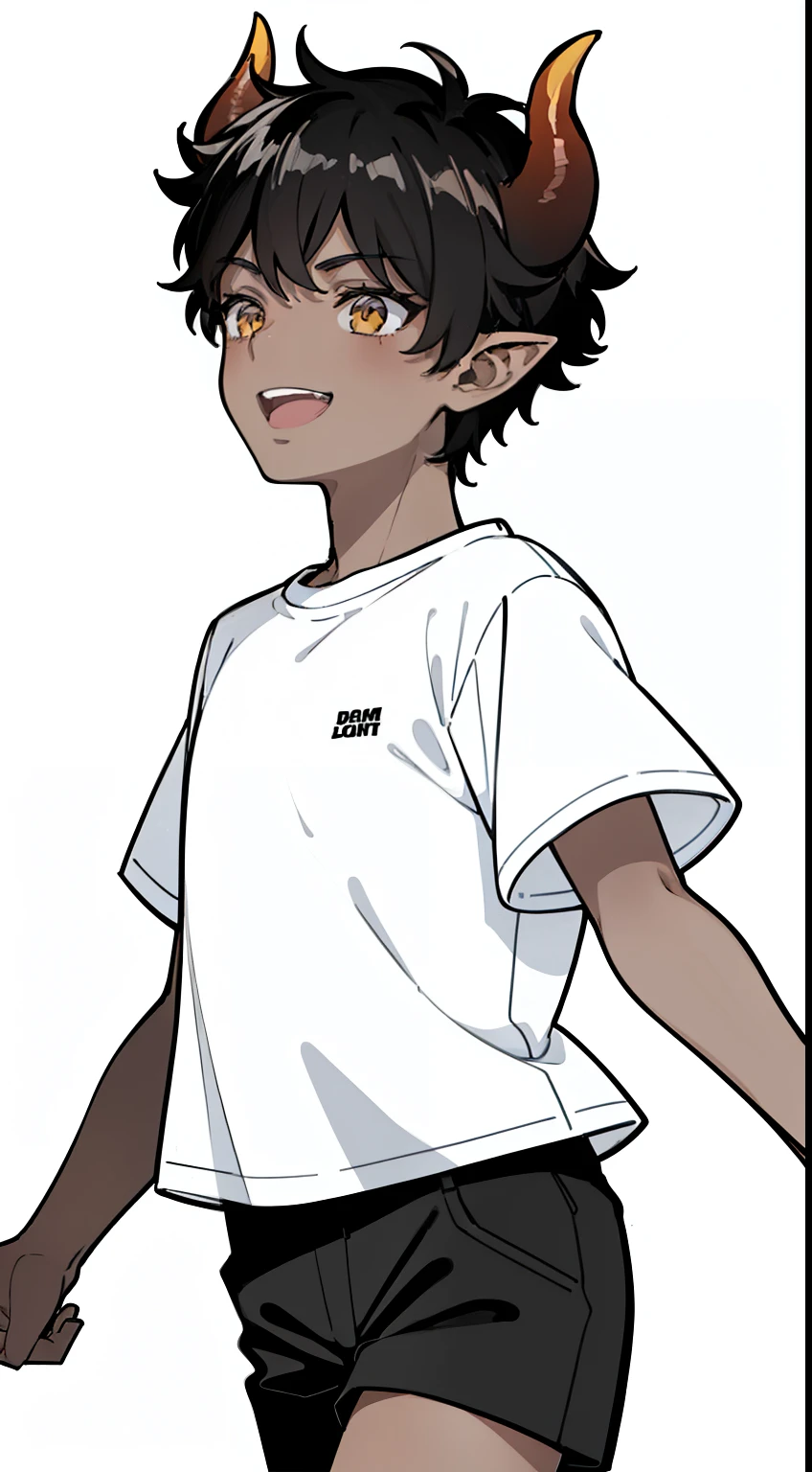 (1boy,8 years),solo,((dark skin)),((white shirt,short sleeves,black shorts)),Short hair,black hair,elf ears,(horns),(white background,line drawing),cowboy shot,from side,smile,open mouth,running,looking away