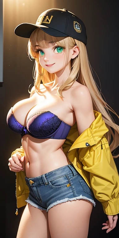 baby face, very long gold hair,blunt bangs:1.5,messy hair:1.5, (photorealistic:1.4), (masterpiece, sidelights, exquisite beautiful eyes: 1.5), masterpiece*portrait, realistic, 3D face,,kawaii face,front view: 1.5、 (glowing green eyes:1.2),plump face:1.5,(tareme:1.5)、(evil smile:1.2),Rosy Mouth,Slim Body,abs, shiny hair, shiny skin: 1.5、large breasts:1.3,solo,()、(low rise denim shorts)、baseball Jacket: 1.5、pantyhose,(shoulder strapless micro bra:1.5)、baseball cap,(charactor focus:1.5、portrait)、cowboy shot