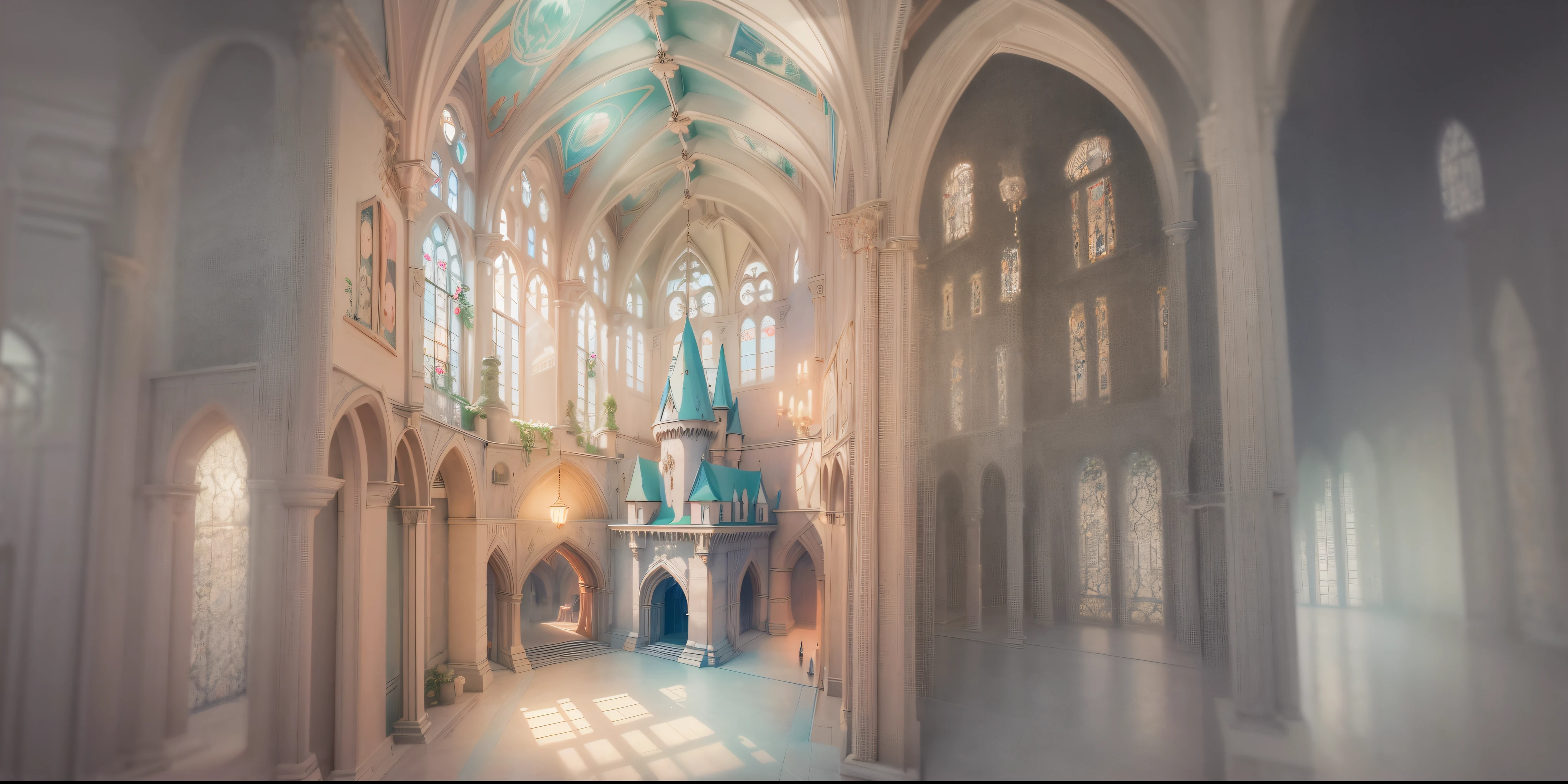 there is a castle in the middle of a large room, beautiful render of a fairytale, inside her surreal vr castle, ross tran. scenic background, intricate castle interior, by jeonseok lee, by Yanjun Cheng, beeple and alphonse mucha, inside an epic gothic castle, artem demura beeple, beautiful 3 d concept art