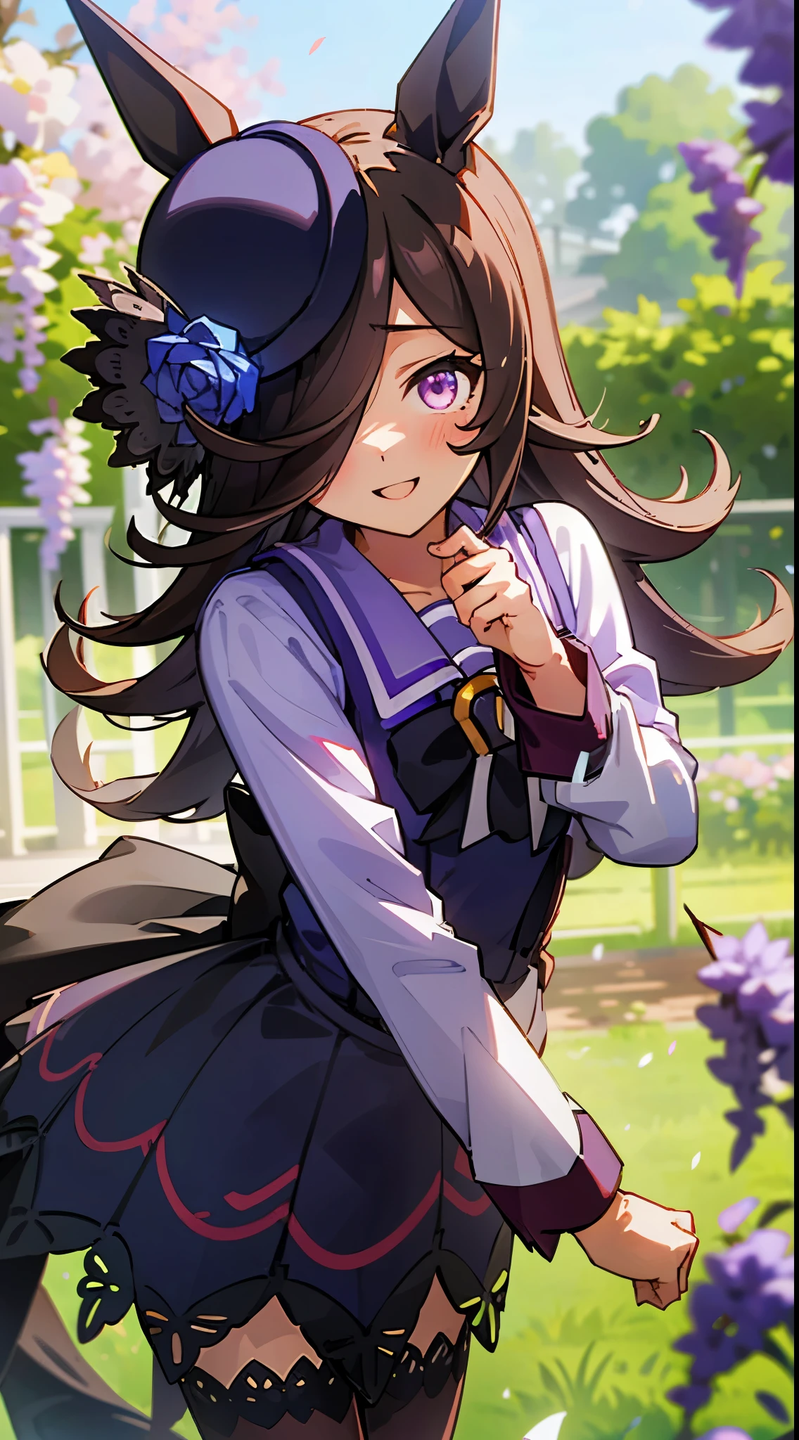 RiceShower(Umamusume),1girl in,wisteria trellis,A clear day,angle of view bust up,Smile,