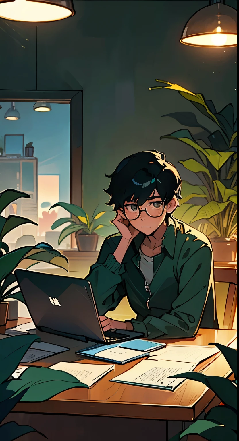 Lo-fi aesthetic, Guy with glasses, disheveled black hair, sitting at the table, Works on a laptop, does homework, soft lighting lamps, plants everywhere, plant in the foreground, evening, lo-fi cafe