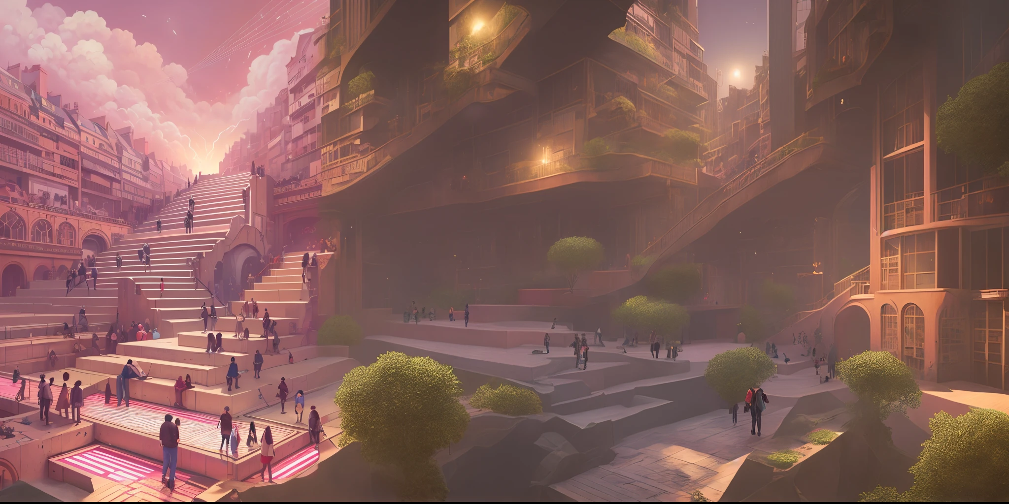 there are many people walking around a city plaza with stairs, beeple and jean giraud, recusion beeple, beeple masterpiece, beeple and tim hildebrandt, beeple |, beeple global illumination, beeple art, realism | beeple, beeple style, artgem and beeple masterpiece
