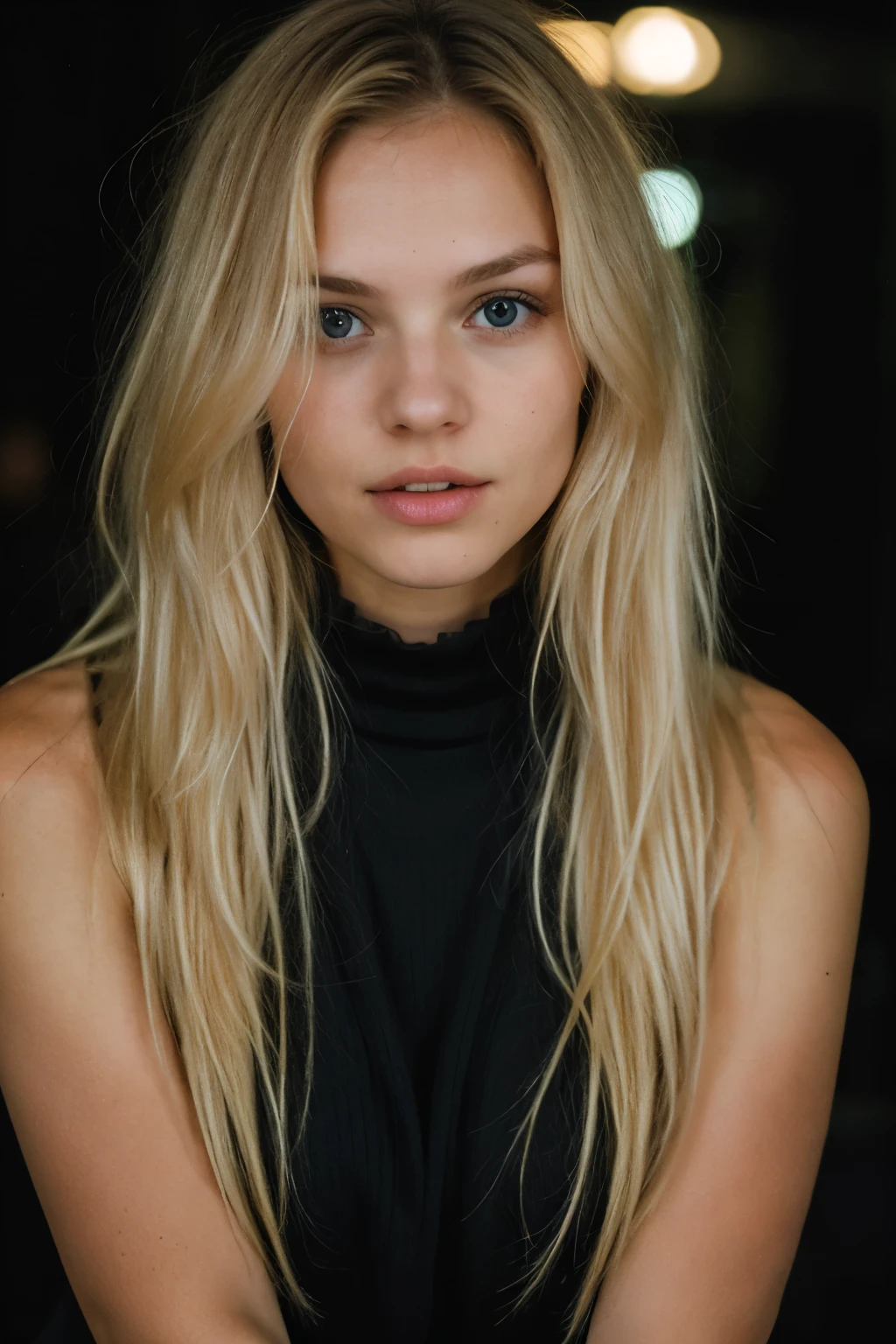 super cute blond woman in a dark theme