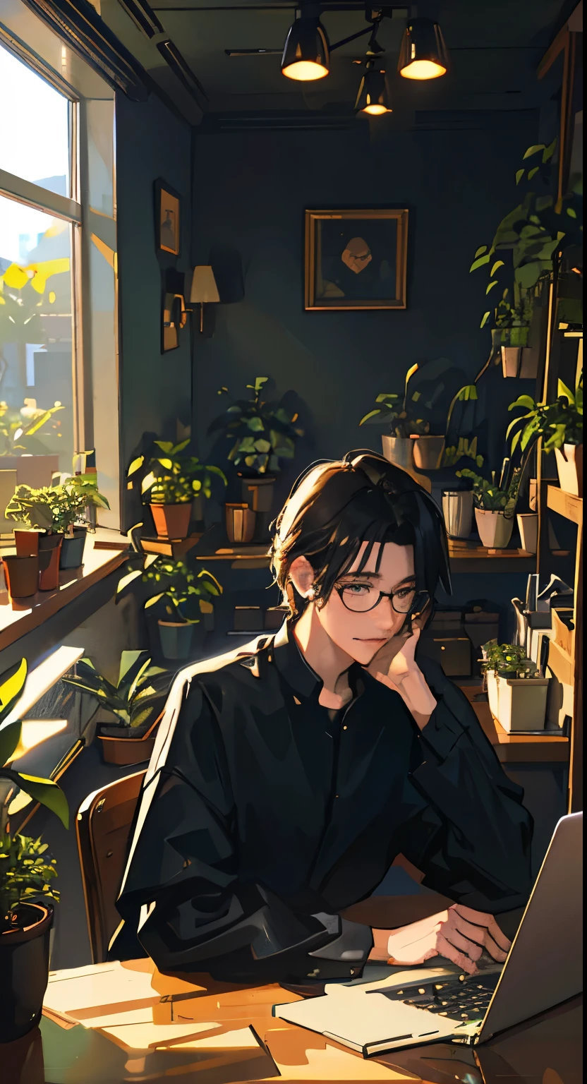 Lo-fi aesthetic, Guy with glasses, disheveled black hair, sitting at the table, Works on a laptop, does homework, soft lighting lamps, plants everywhere, plant in the foreground, evening, lo-fi cafe