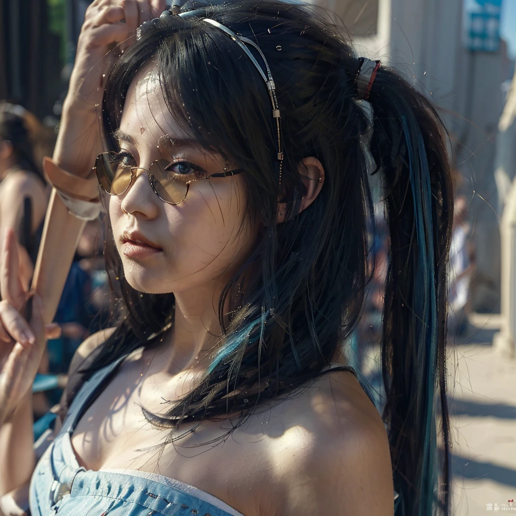solo, (((masterpiece, best quality))) ,  (from side:0.95), shadow_lee, Li Dousha, panda_ears, bangs, bare_shoulders, blue_eyes, eyewear_on_head, hair_between_eyes, long_hair,  sunglasses, very_long_hair, 1girl, [white hair, streaked hair, blue hair],