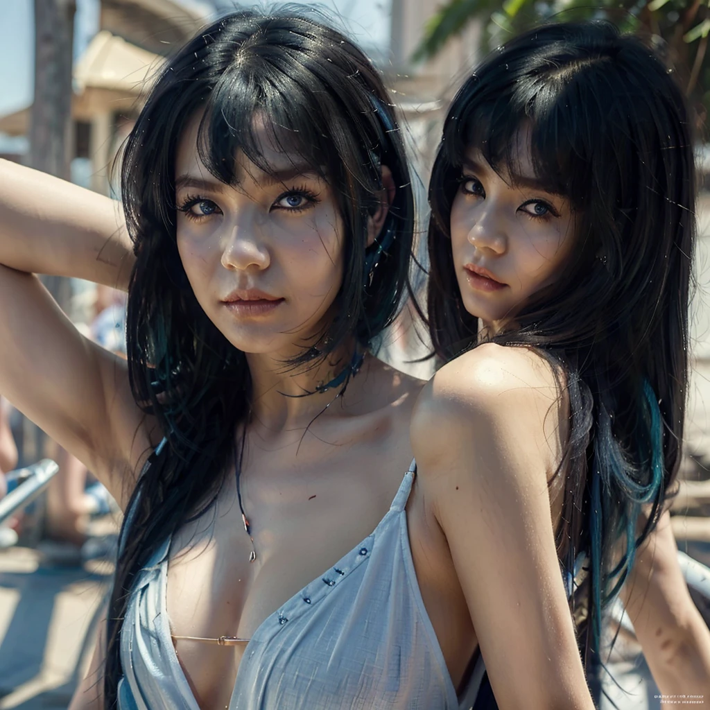 👭, 2japanese girl, pale_skin, random color hair, random hairstyles, (black smoky eyes:1.2), black eyes liner, black lips, punk rock girl, random tattoo, (orange croptop, orange side-tie bikini), random basic pose, against random epic background, cinematic lightning, cinematic scene,