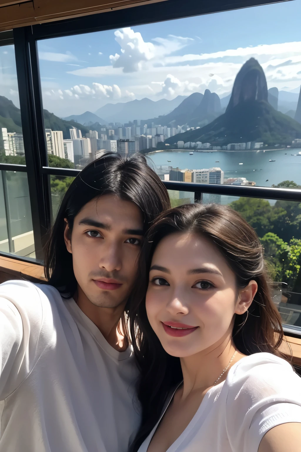 there is a man and woman taking a selfie together, rio de janeiro, with mountains in the background, with mountains in background, david rios ferreira, by Felipe Seade, by Nándor Katona, andrea rocha, malika favre, by Sam Dillemans, caroline gariba, with mountains as background, by Paulus Decker