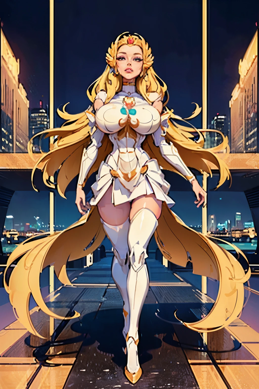 ((full body view)), futuristic city background, (((masterpiece))),((best quality)),detailed,1girl,realistic,(robot_girl,Mecha):1.2,(breasts pressed together), (forehead crown), Ceramic body,Smooth shoulders, golden crown, (full puffy lips), blonde hair, she-ra aesthetic, (puffy lips:1.4), Network background,Extremely detailed city,(Translucent body.),Reflective skin),thigh_gap,Detail face,long_hair,8k,Best quality,Super delicate,(Surreal:1.4),(gigantic breasts:1.2),