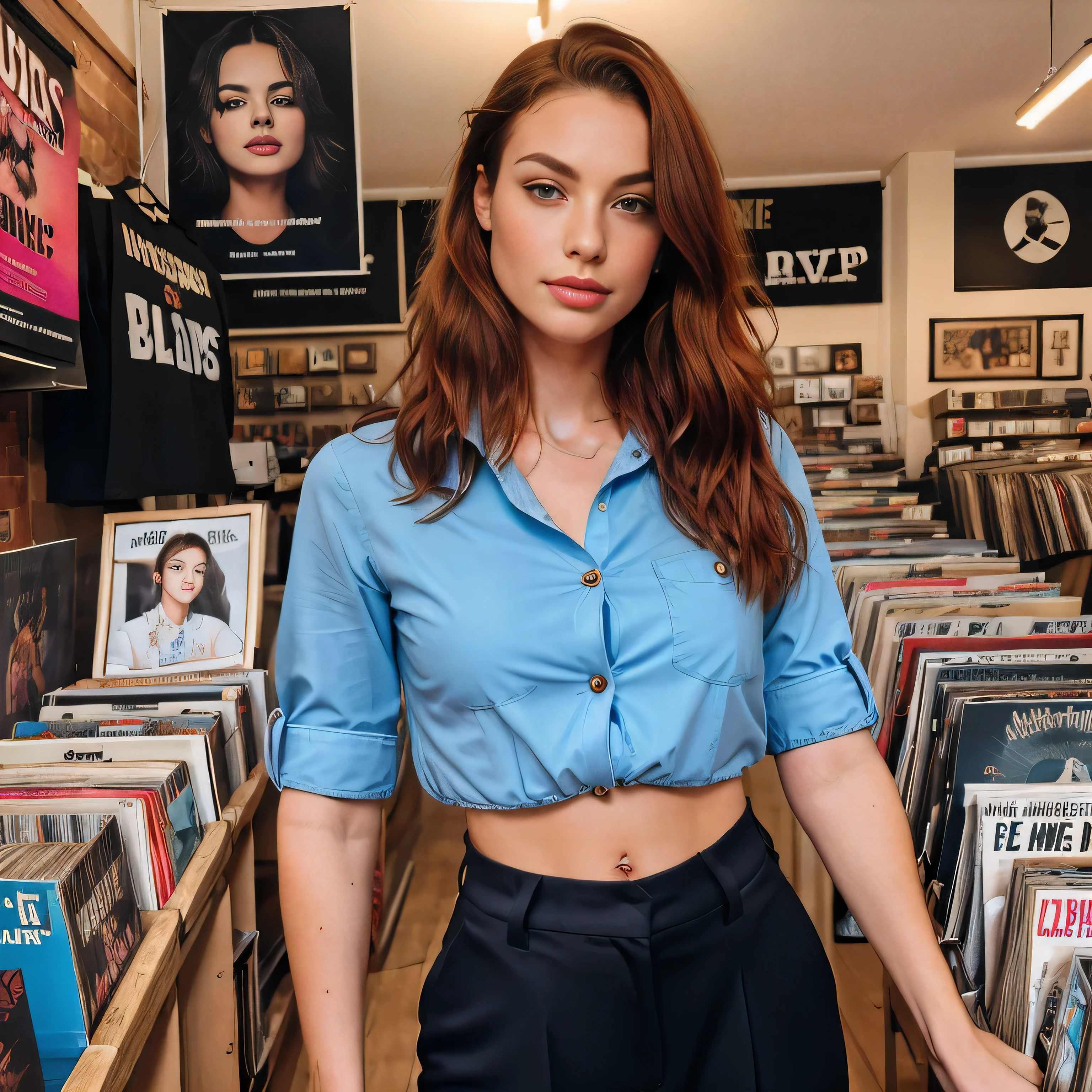 a photo of a seductive woman with loose styled redhead hair, posing in record shop, she is wearing Button-up Shirt and Trousers, intricate details, goosebumps, flawless face, shy, prude, (light freckles:0.9), ((photorealistic):1.2), raw