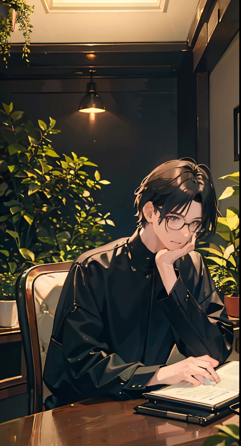 Lo-fi aesthetic, Guy with glasses, disheveled black hair, sitting at the table, Works on a laptop, does homework, soft lighting lamps, plants everywhere, plant in the foreground, evening, lo-fi cafe