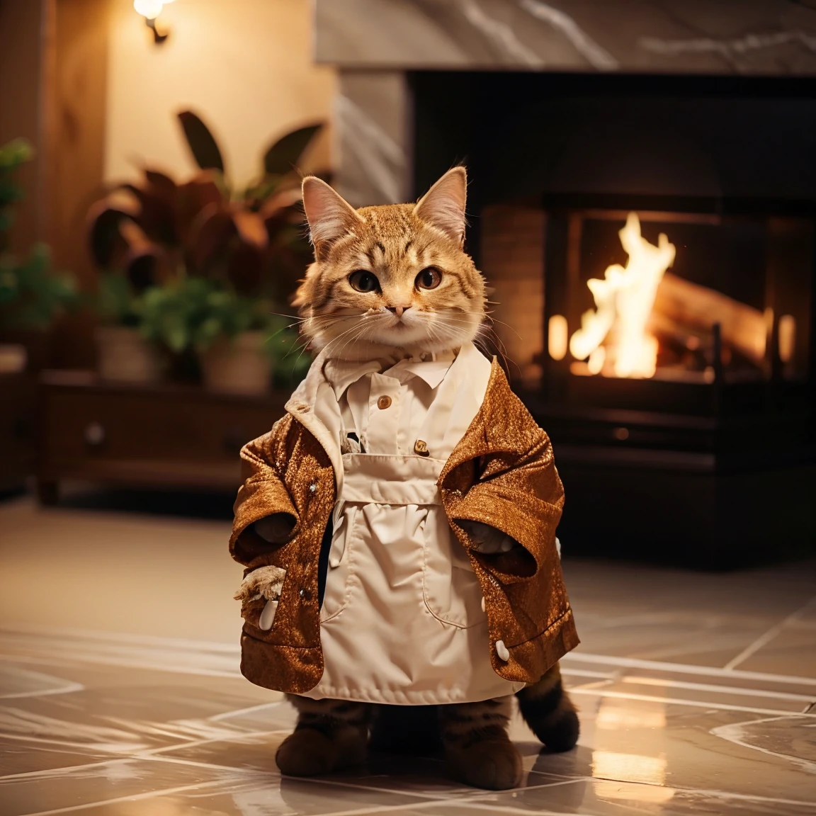 This is a detailed photo of various animals standing in a line and saying thank you at the end of the year. High gloss and depth, grandeur and luxurious design, cozy feel, fireplace, various cuisines, and an organic background that naturally harmonizes with the surrounding environment. Realistic high quality and contrast, Unreal Engine 5, wide angle of view, depth of field, highly detailed skin, ux, and UI design.