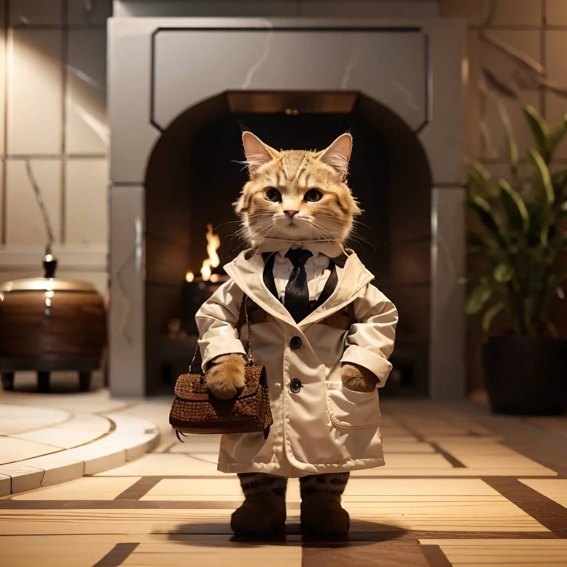 This is a detailed photo of various animals standing in a line and saying thank you at the end of the year. High gloss and depth, grandeur and luxurious design, cozy feel, fireplace, various cuisines, and an organic background that naturally harmonizes with the surrounding environment. Realistic high quality and contrast, Unreal Engine 5, wide angle of view, depth of field, highly detailed skin, ux, and UI design.