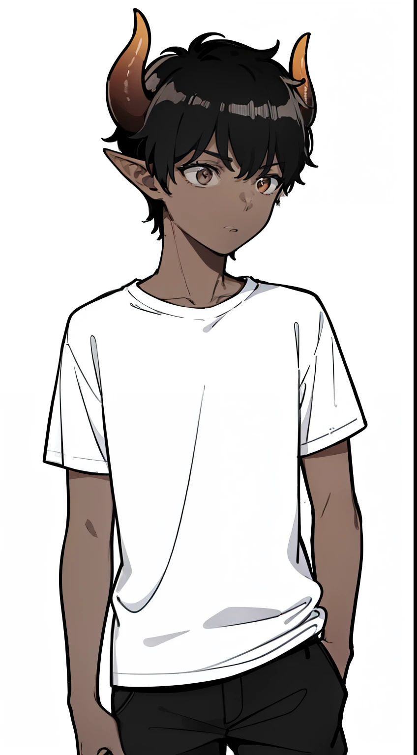 (1boy,8 years),solo,((dark skin)),((white shirt,short sleeves,black shorts)),Short hair,black hair,elf ears,(horns),(white background,line drawing),cowboy shot,from side,:o,looking away
